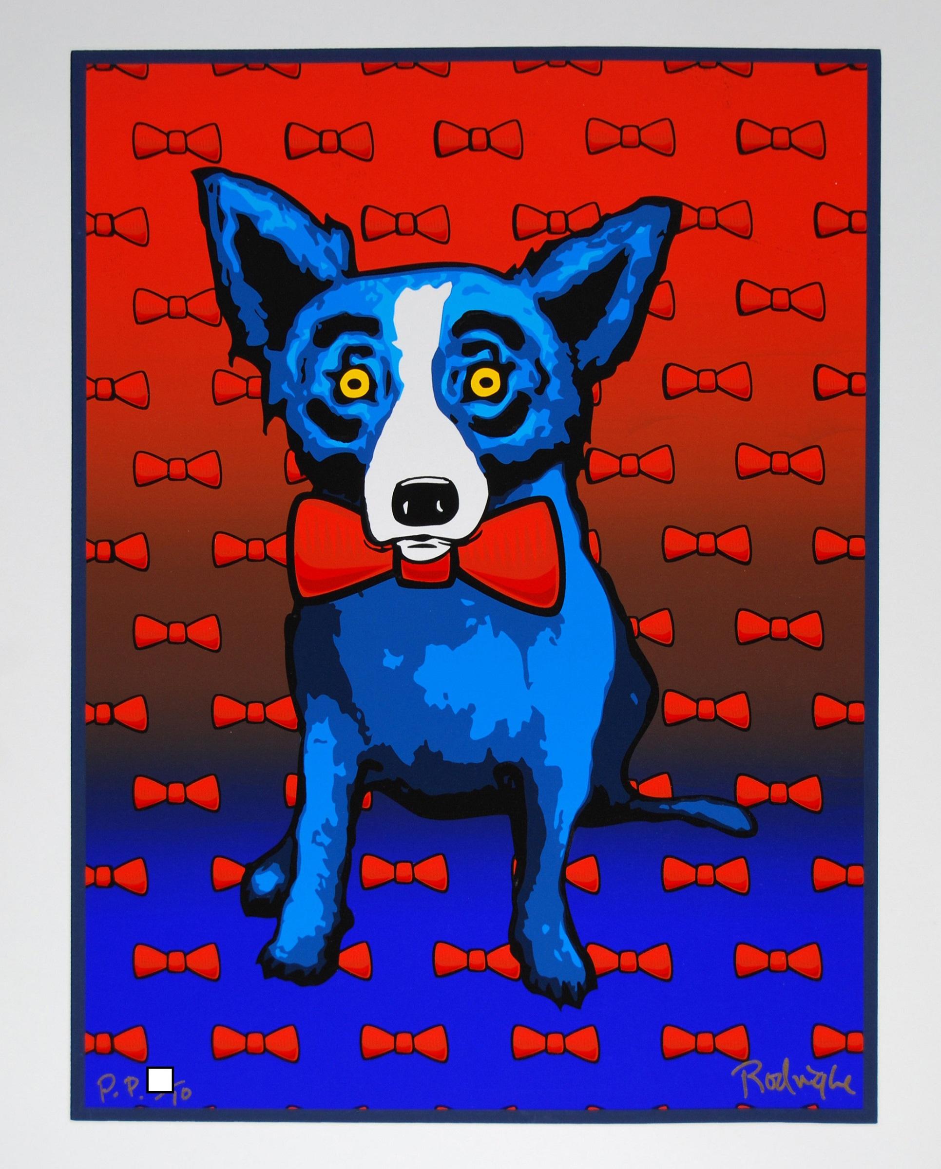 George Rodrigue Animal Print – Blauer blauer Hund trägt die rote Krawatte - Signierter blauer Seidendruck