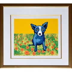 Blauer blauer Hund ""Flowers Bring Me Luck"" Signierter nummerierter Druck