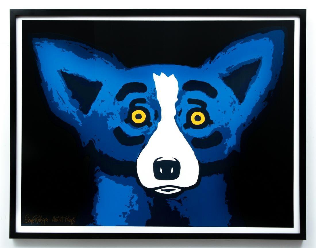 George Rodrigue Print - BLUE DOG - HEAD OVER HEELS BLACK - 2002 ARTIST PROOF