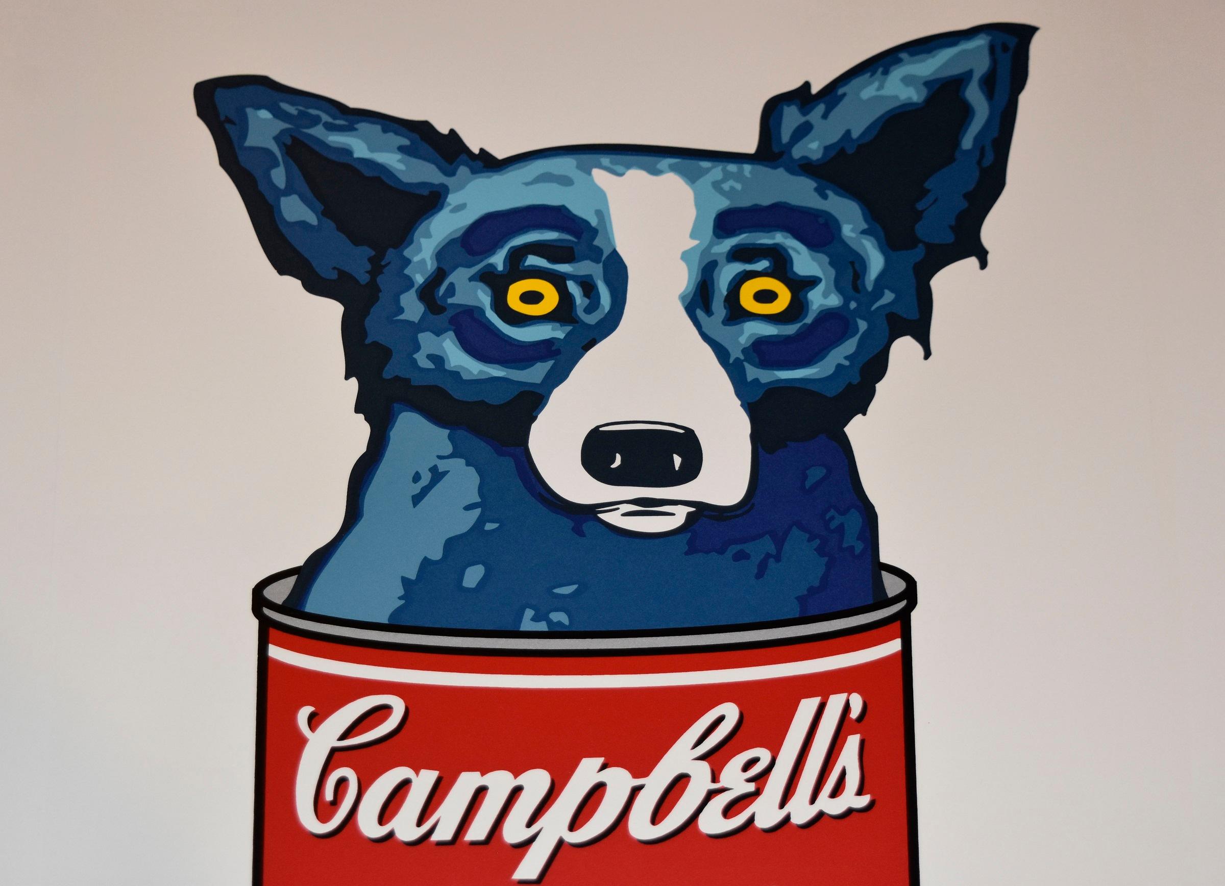 This Blue Dog work consists of a white background with a blue dog in a can of 