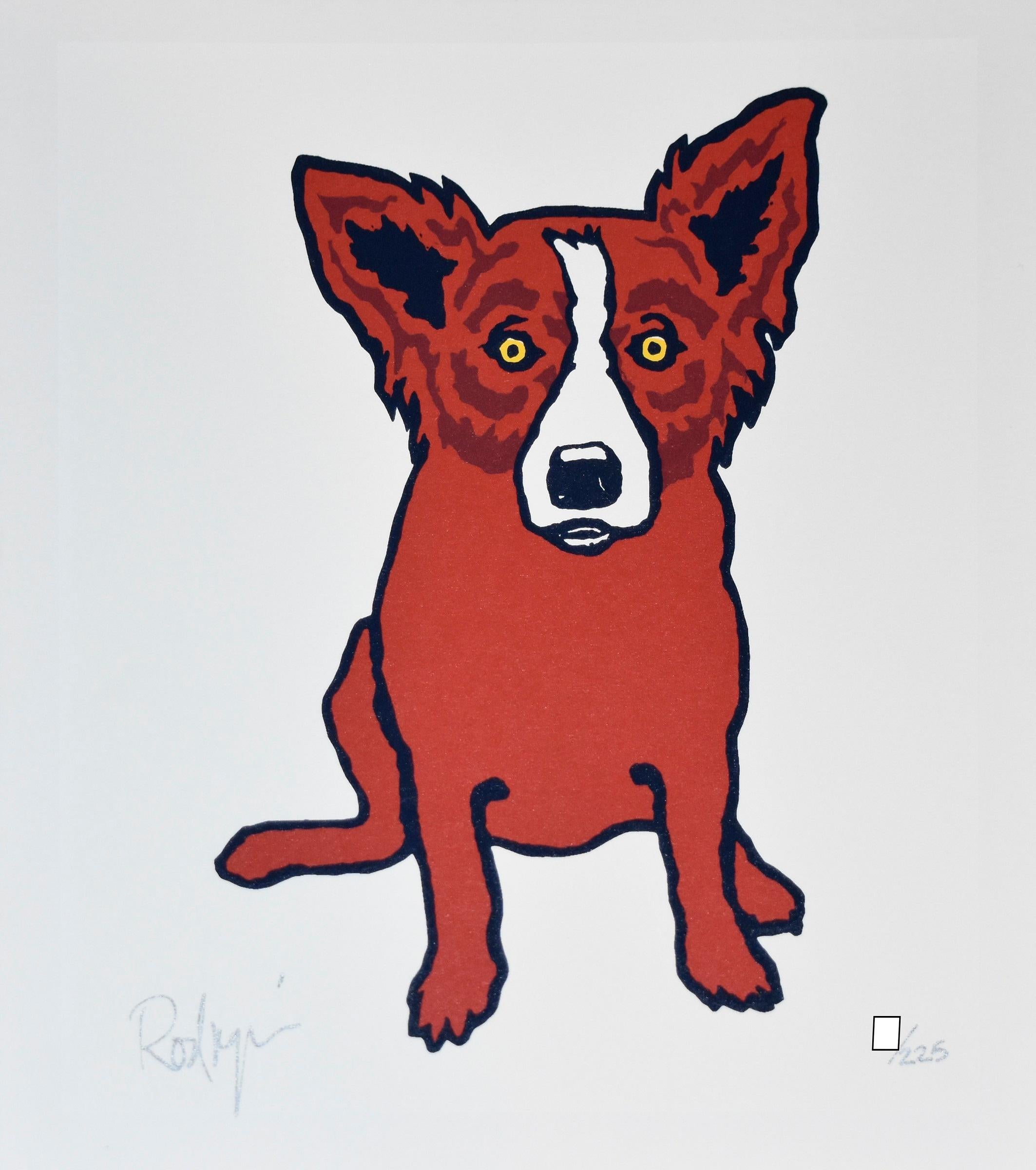 Cette œuvre intitulée Blue Dog se compose d'un chien rouge assis sur un fond blanc.  Le chien a des yeux jaunes pleins d'âme.  Cette sérigraphie originale pop art animalière sur papier est signée à la main par l'artiste.

Artiste :  George