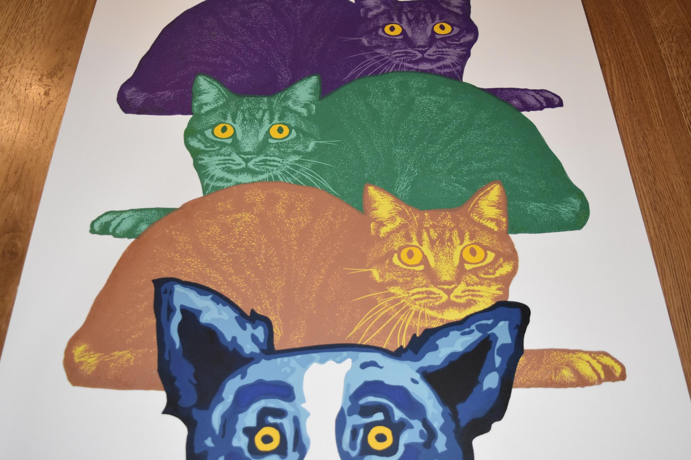 Tirage numéroté « Margi Gras Cats - White » avec chien bleu signé - Gris Animal Print par George Rodrigue