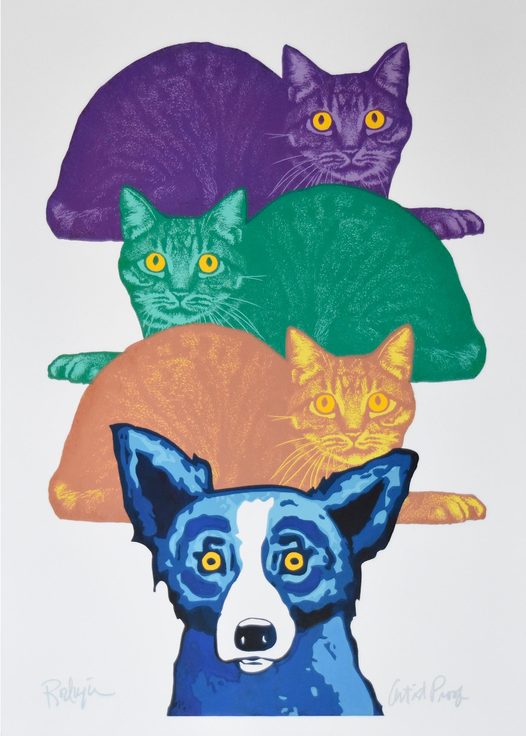 Tirage numéroté « Margi Gras Cats - White » avec chien bleu signé 1