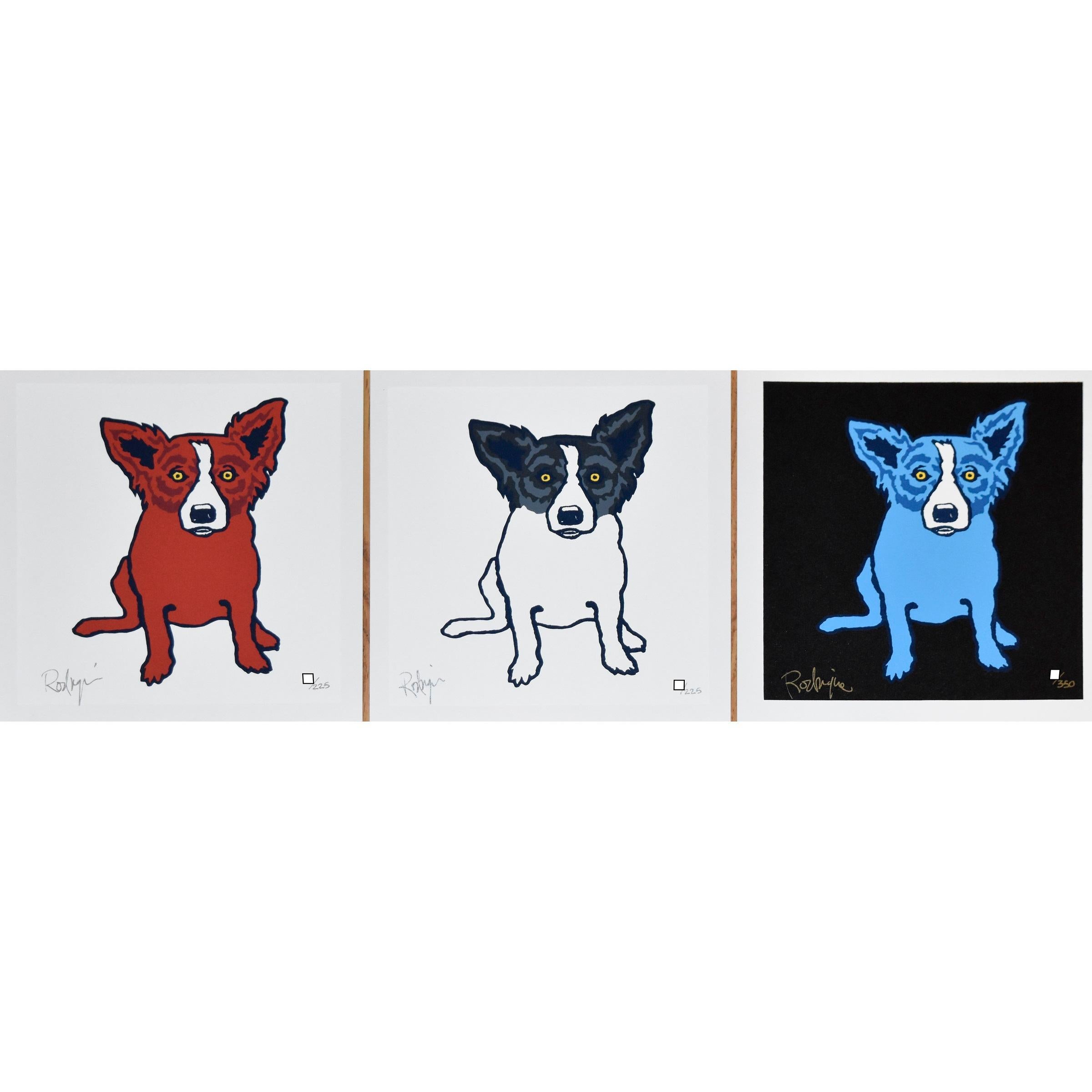 George Rodrigue Animal Print - Blue Dog Matching Set of 3 "Little Hot Shot" "Little Tiffany" "Baby Blues"