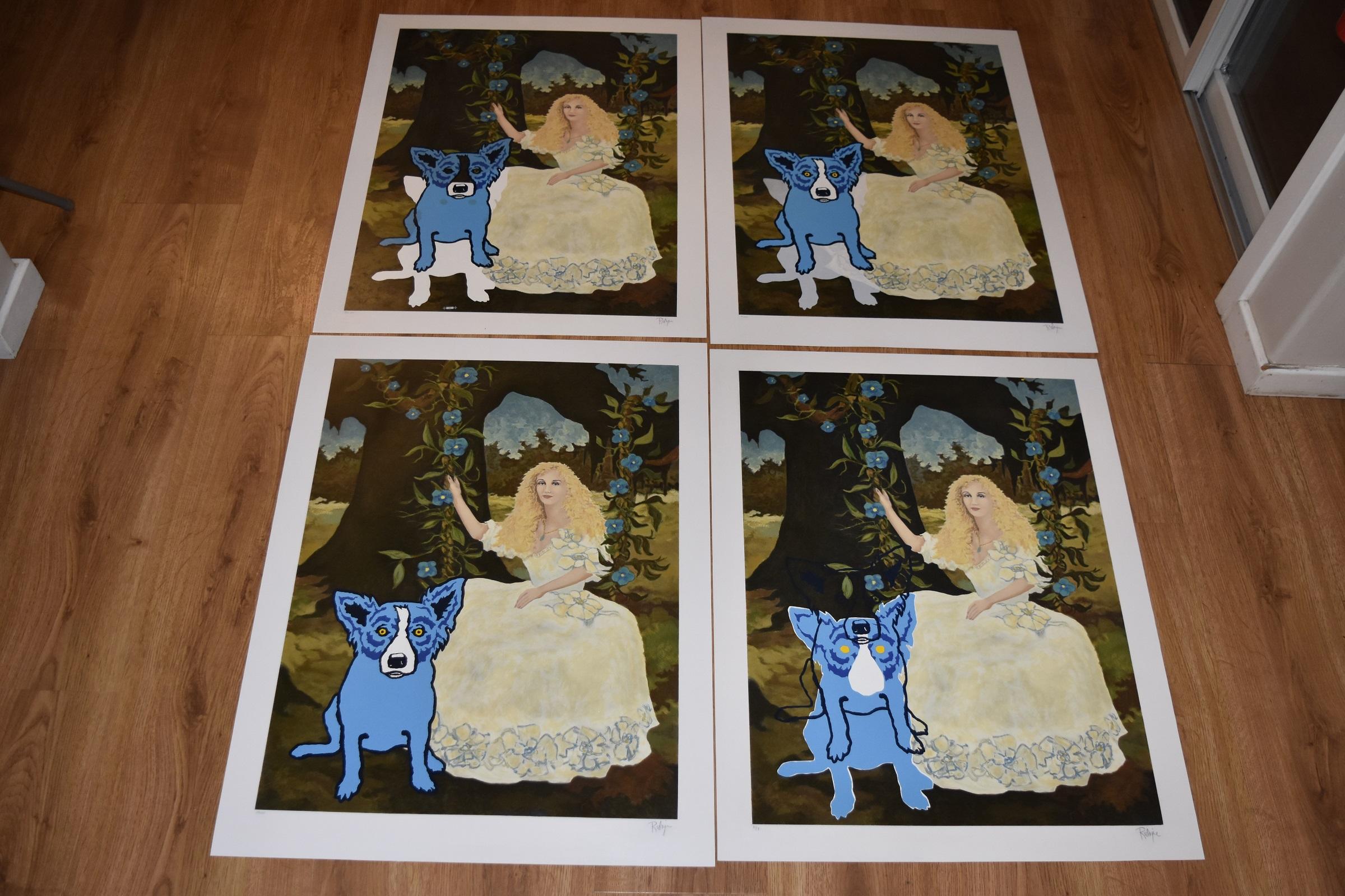 Lot de 4 tirages signés et numérotés « Morning Glories with Tiffany » avec chien bleu - Print de George Rodrigue