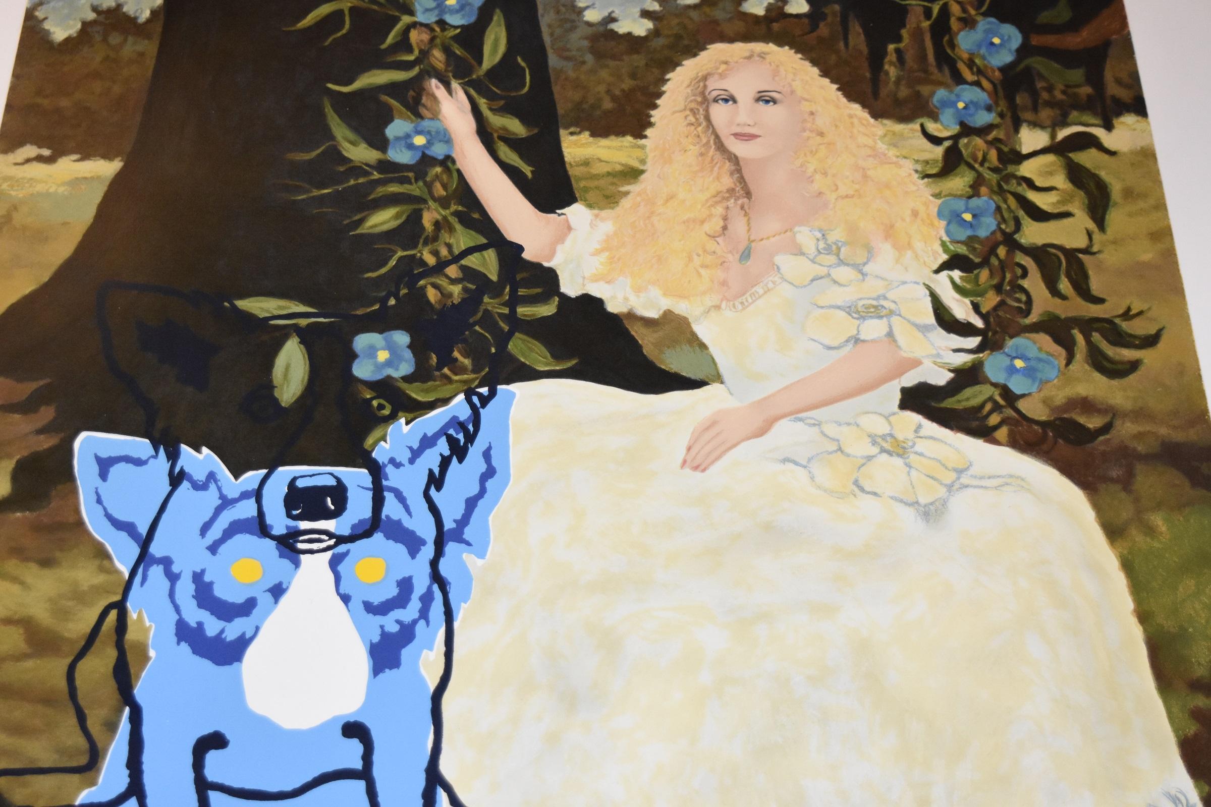Lot de 4 tirages signés et numérotés « Morning Glories with Tiffany » avec chien bleu - Noir Animal Print par George Rodrigue