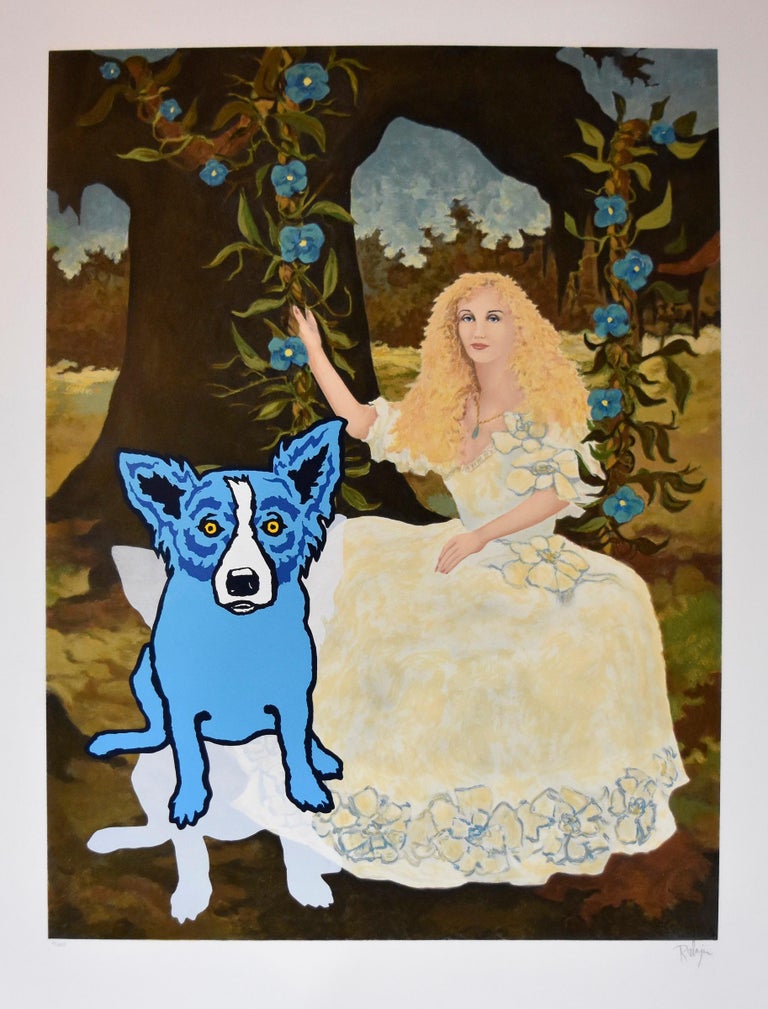 George Rodrigue – Blauer blauer Hund ""Morning Glories with Tiffany 3""  Signierter nummerierter Siebdruck im Angebot bei 1stDibs