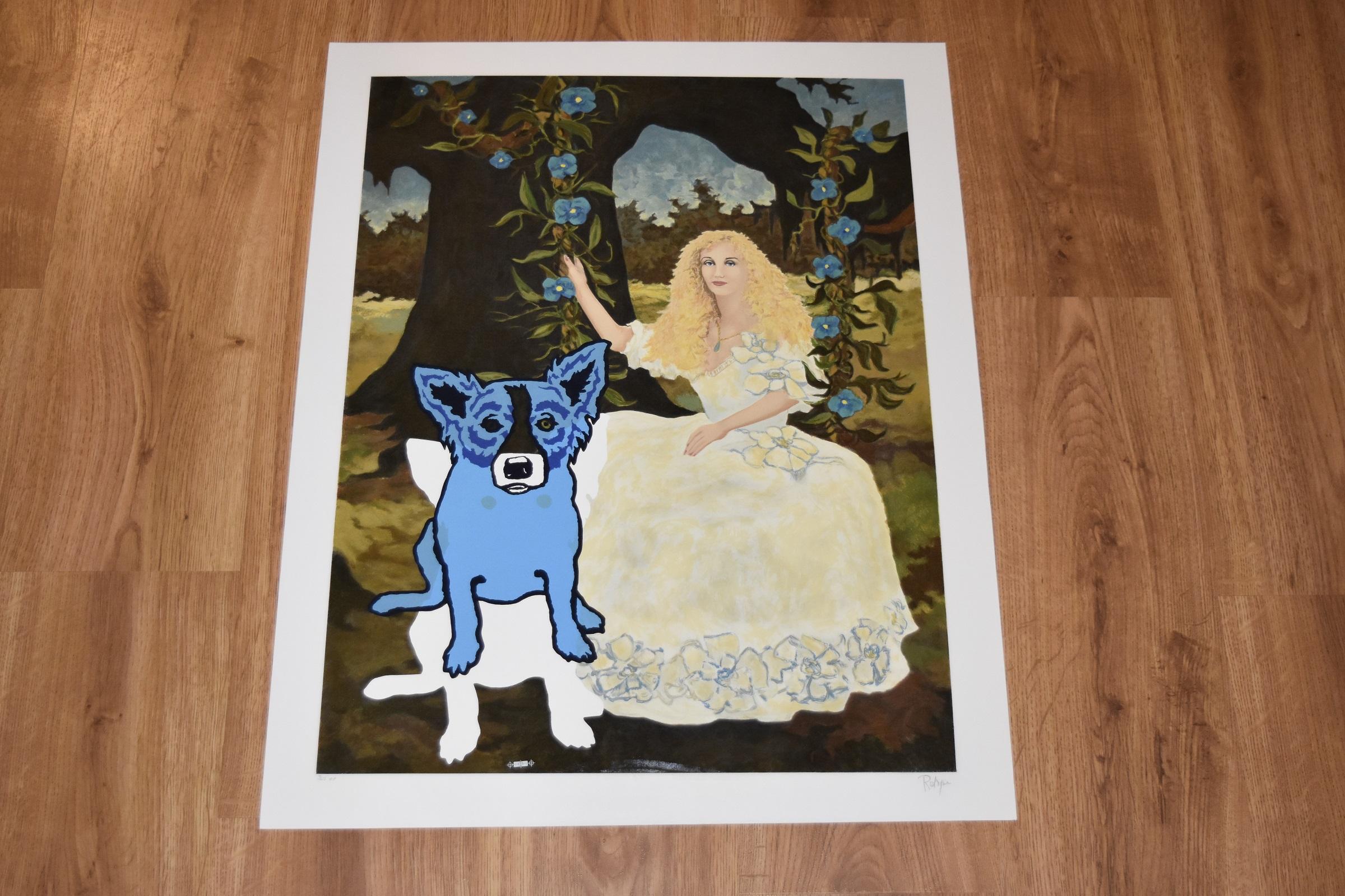 Impression sérigraphie en soie signée et numérotée « Morning Glories with Tiffany 4 » représentant un chien bleu - Print de George Rodrigue