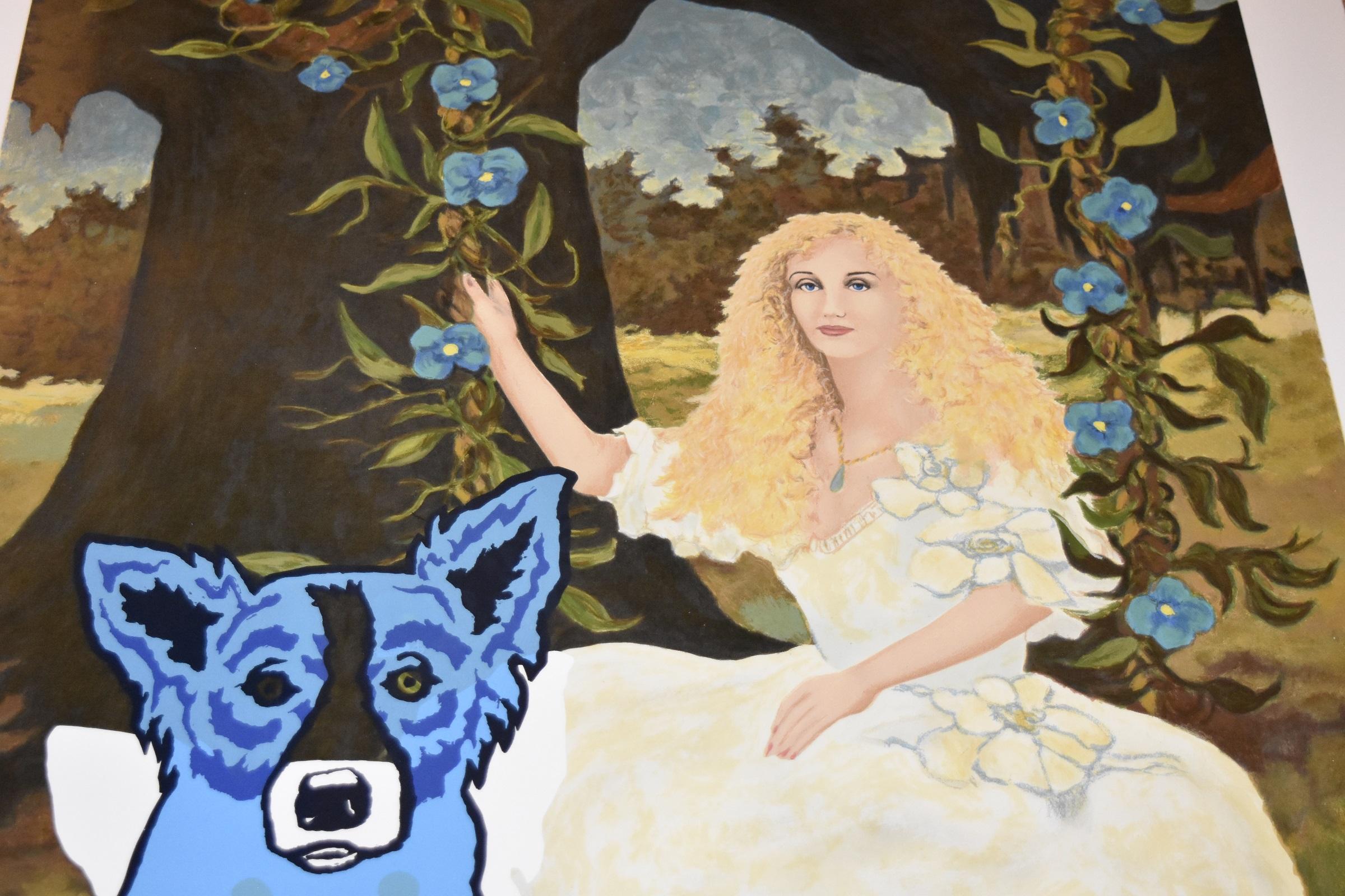 Impression sérigraphie en soie signée et numérotée « Morning Glories with Tiffany 4 » représentant un chien bleu - Pop Art Print par George Rodrigue