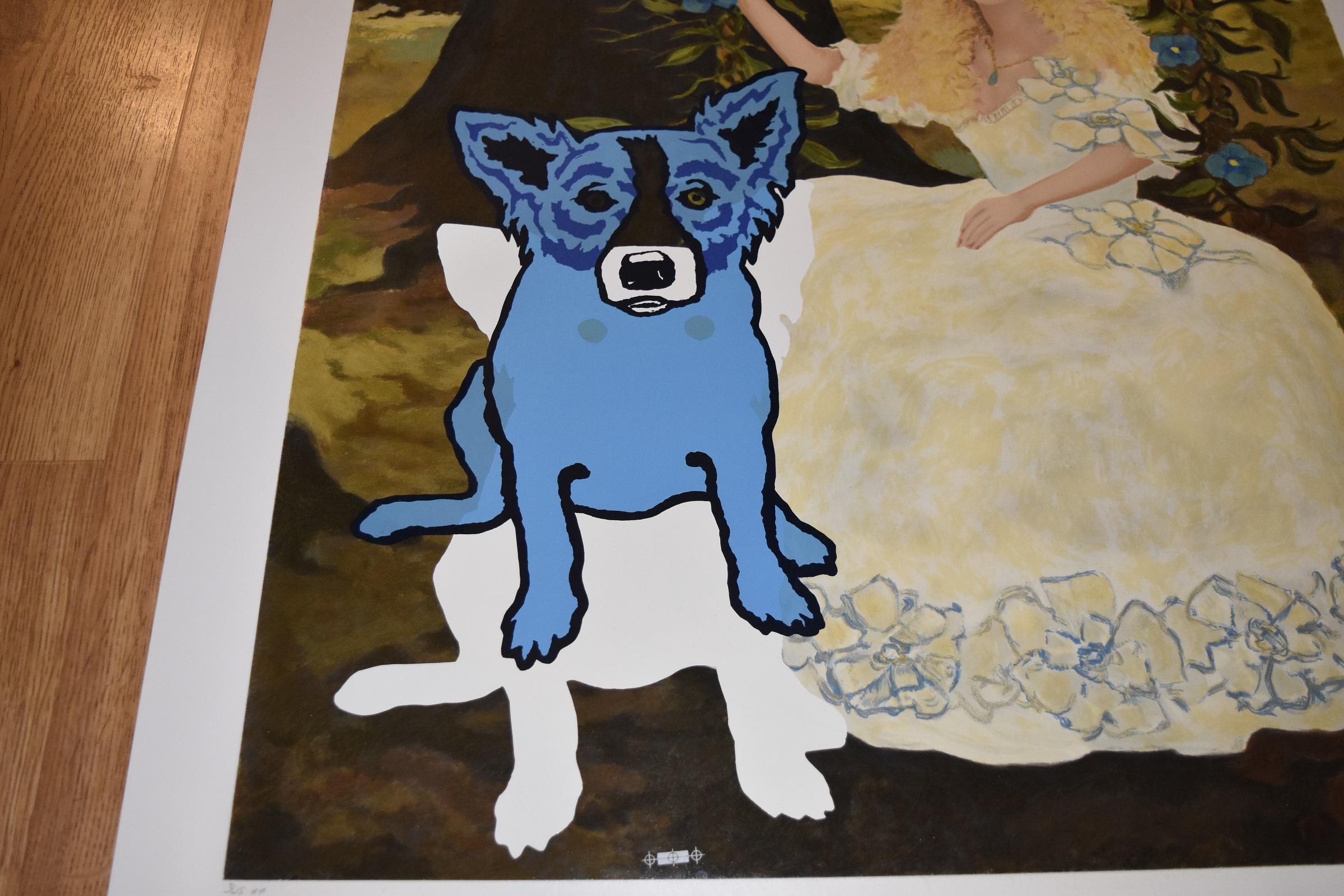 Impression sérigraphie en soie signée et numérotée « Morning Glories with Tiffany 4 » représentant un chien bleu - Gris Animal Print par George Rodrigue
