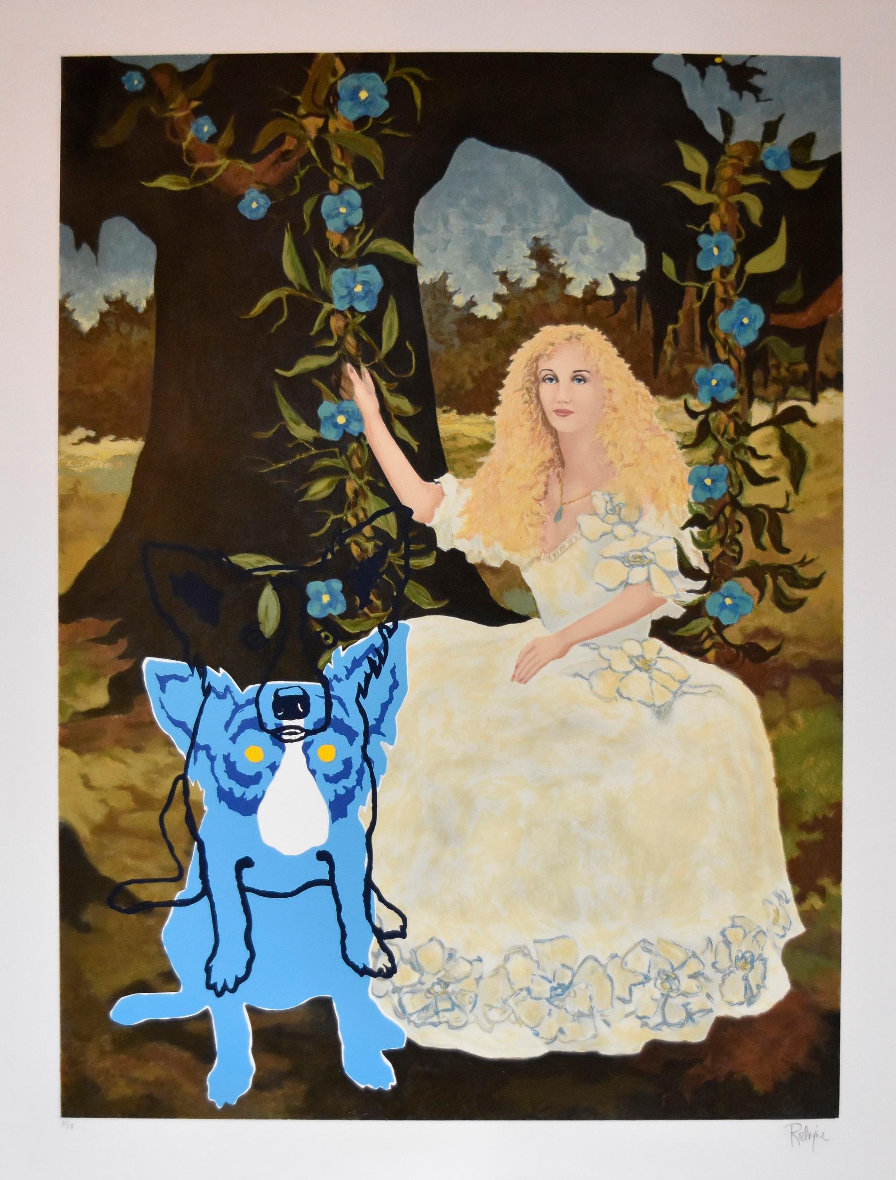 This Blue Dog work consists of a blonde female sitting on a floral swing hanging from a tree.  The female is wearing an ecru dress with flowers on the edges and sleeves matching the swing flowers. There is a single Tiffany Blue Dog (added in 1991)