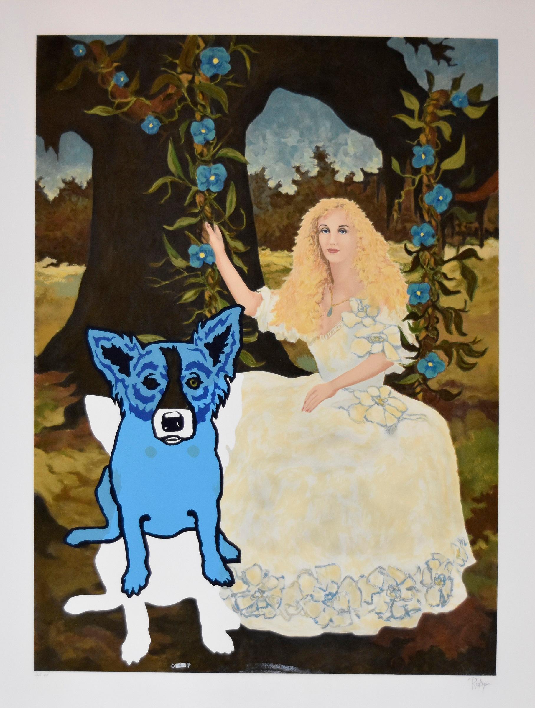 Impression sérigraphie en soie signée et numérotée « Morning Glories with Tiffany 4 » représentant un chien bleu en vente 1