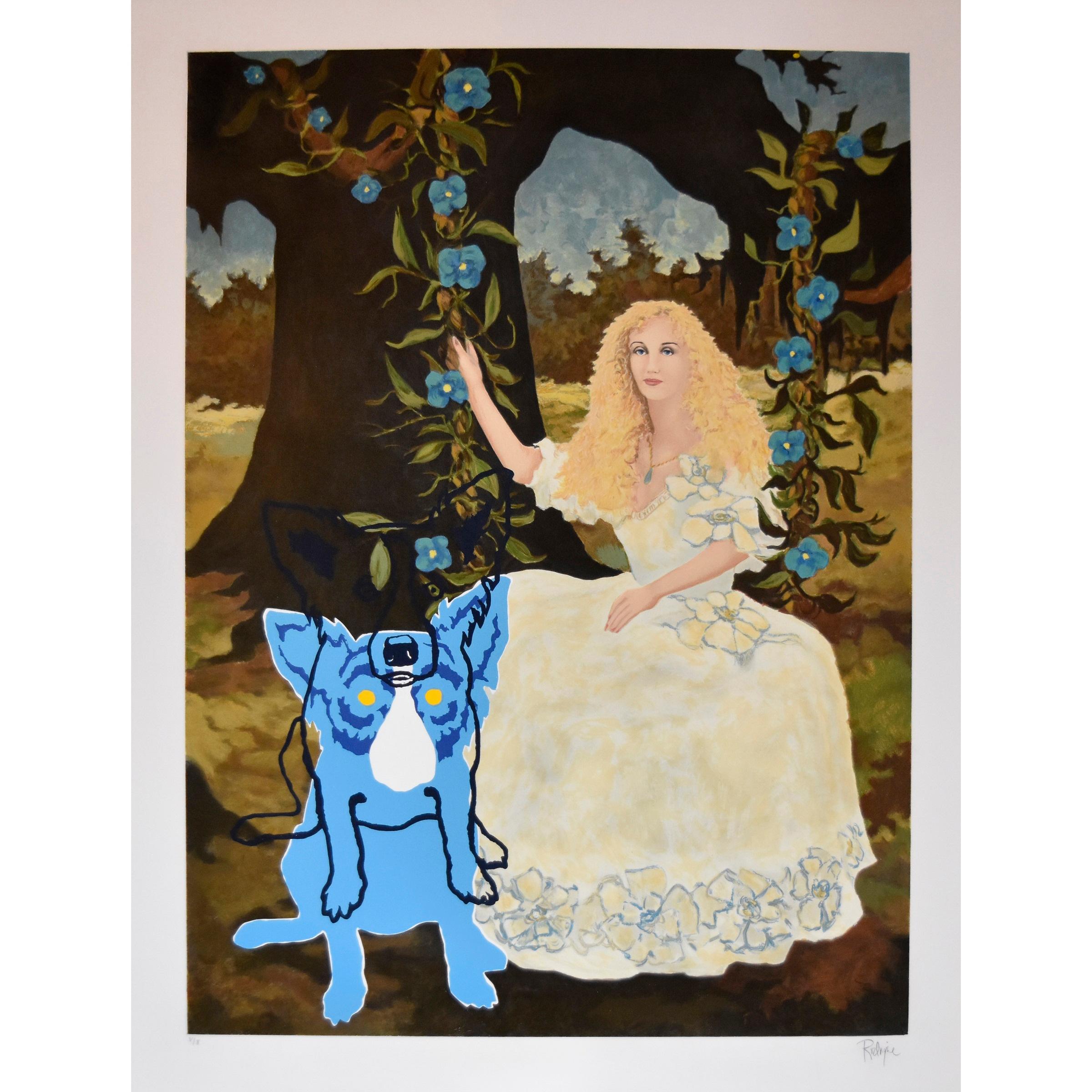 George Rodrigue Animal Print - Blue Dog "Morning Glories with Tiffany 2" Signed Numbered Silkscreen Print