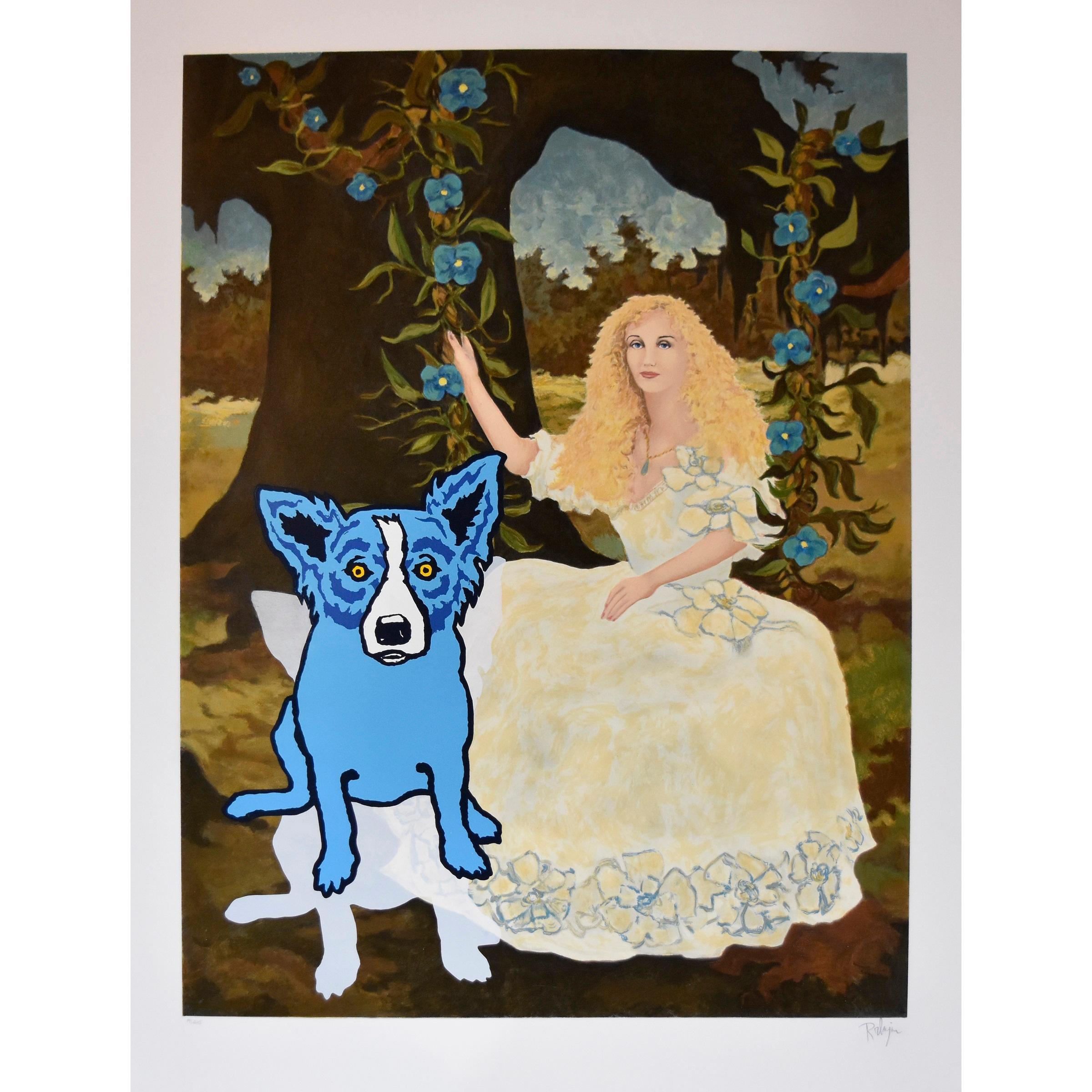 Impression sérigraphie en soie signée et numérotée « Morning Glories with Tiffany 3 » représentant un chien bleu