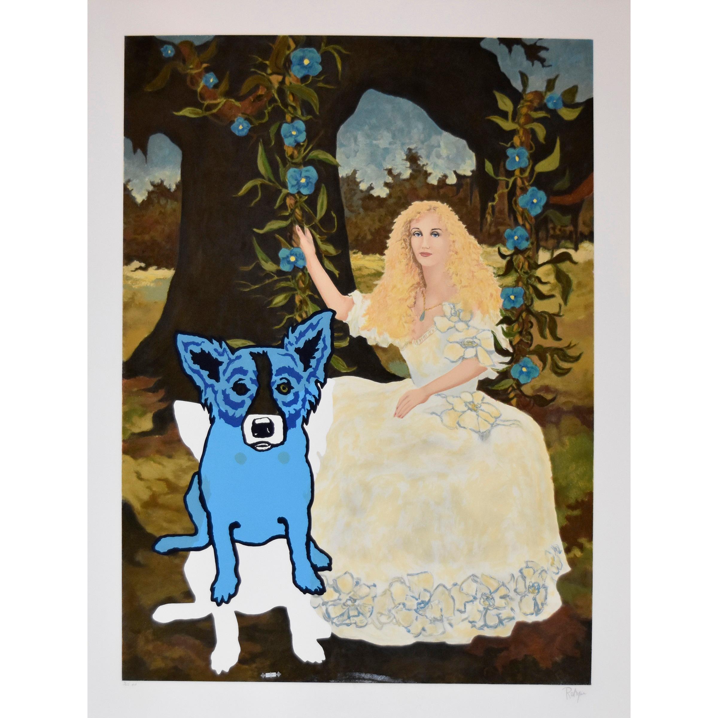 Animal Print George Rodrigue - Impression sérigraphie en soie signée et numérotée « Morning Glories with Tiffany 4 » représentant un chien bleu