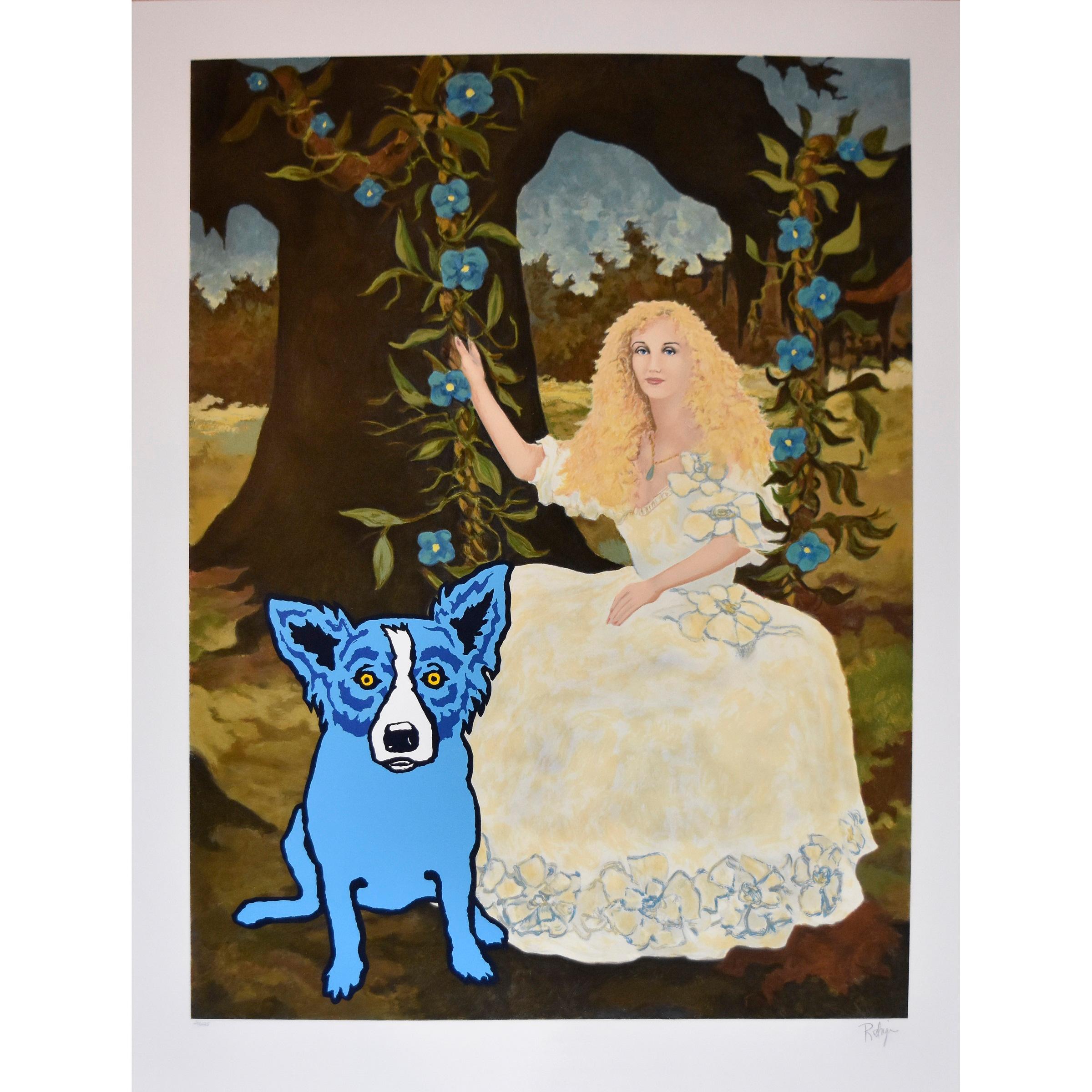 George Rodrigue Animal Print - Blue Dog "Morning Glories with Tiffany" Signed Numbered Silkscreen Print