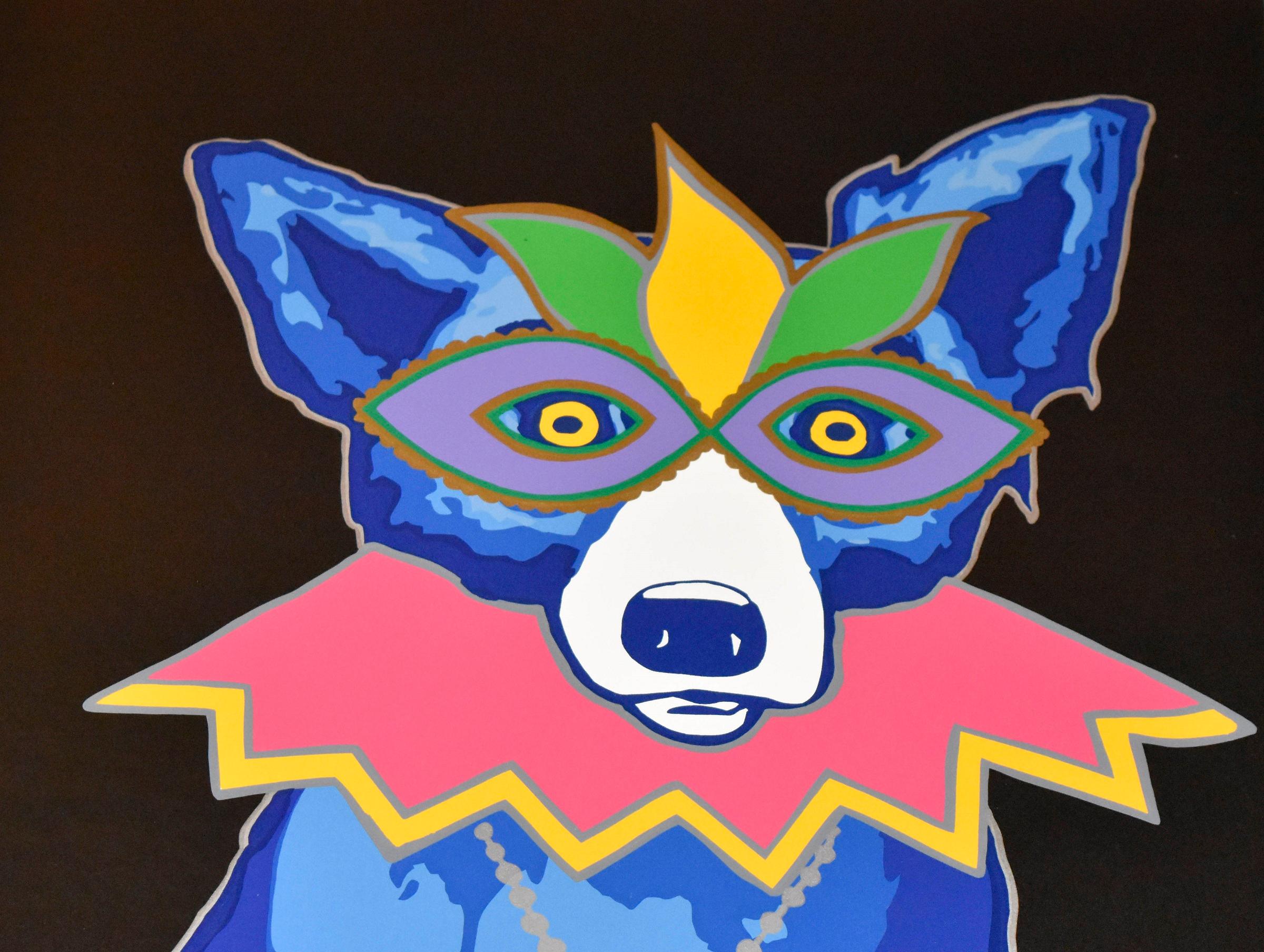 This Blue Dog work consists of a multi-faceted blue dog dressed for a party with bright pink and yellow pleated collar and cuffs, an adorned lavender, green and yellow eye mask and sporting a gold chain around its neck. The dog appears to have