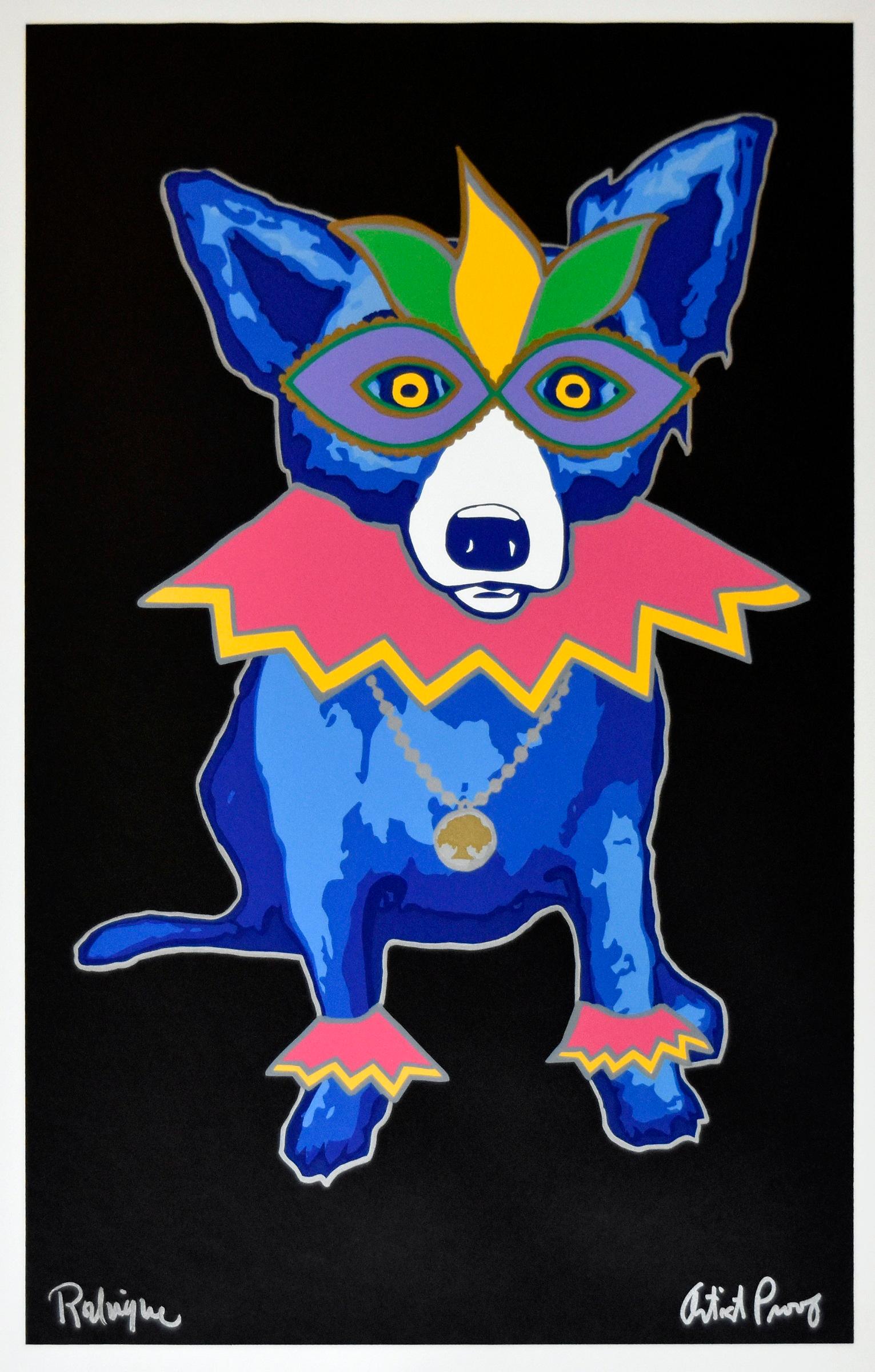 George Rodrigue Animal Print - Blue Dog "Party Animal Black" Print Signed Numbered Artwork