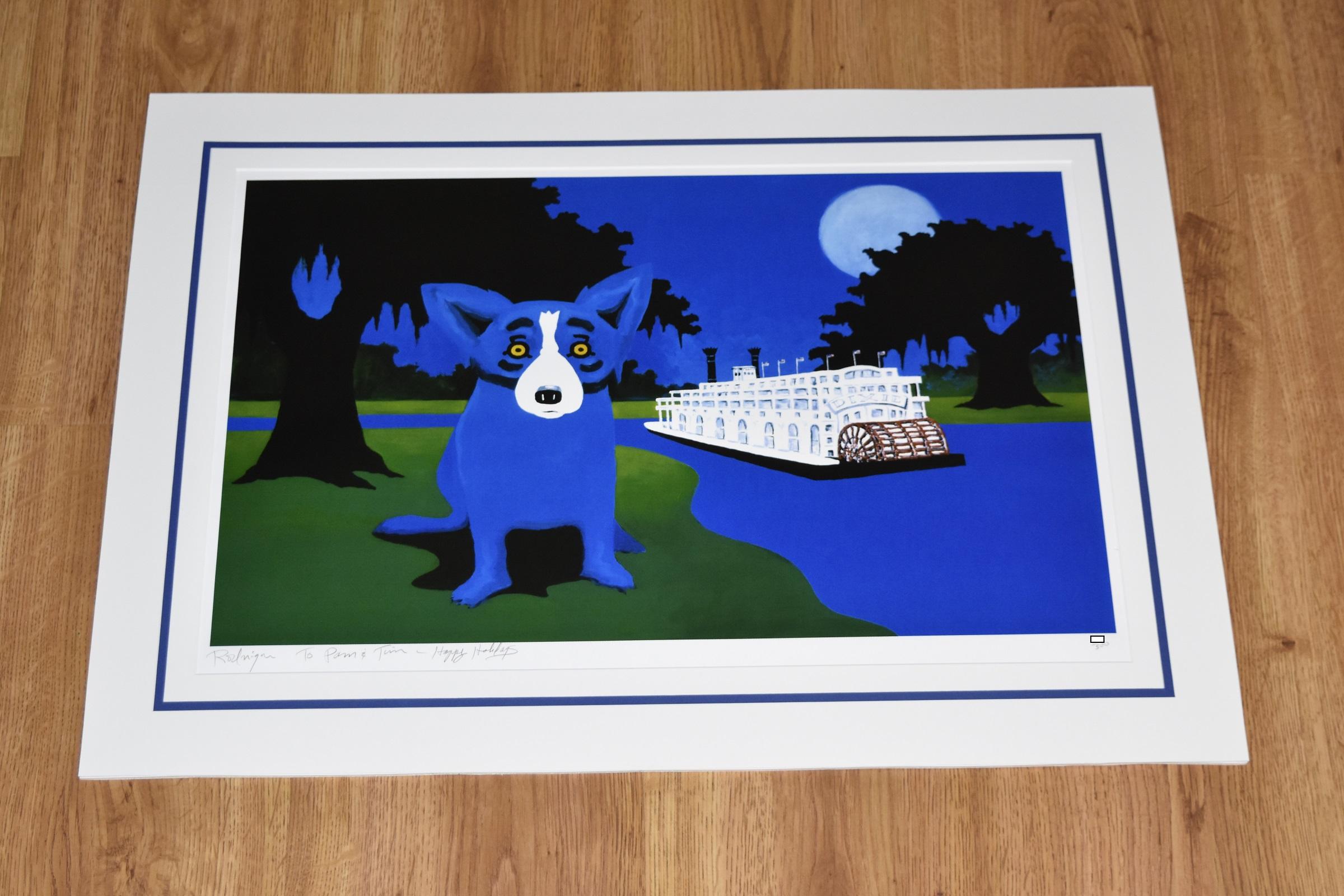„Rollin“ mit blauem Hund „Rollin“ am Fluss 2004 – Print von George Rodrigue