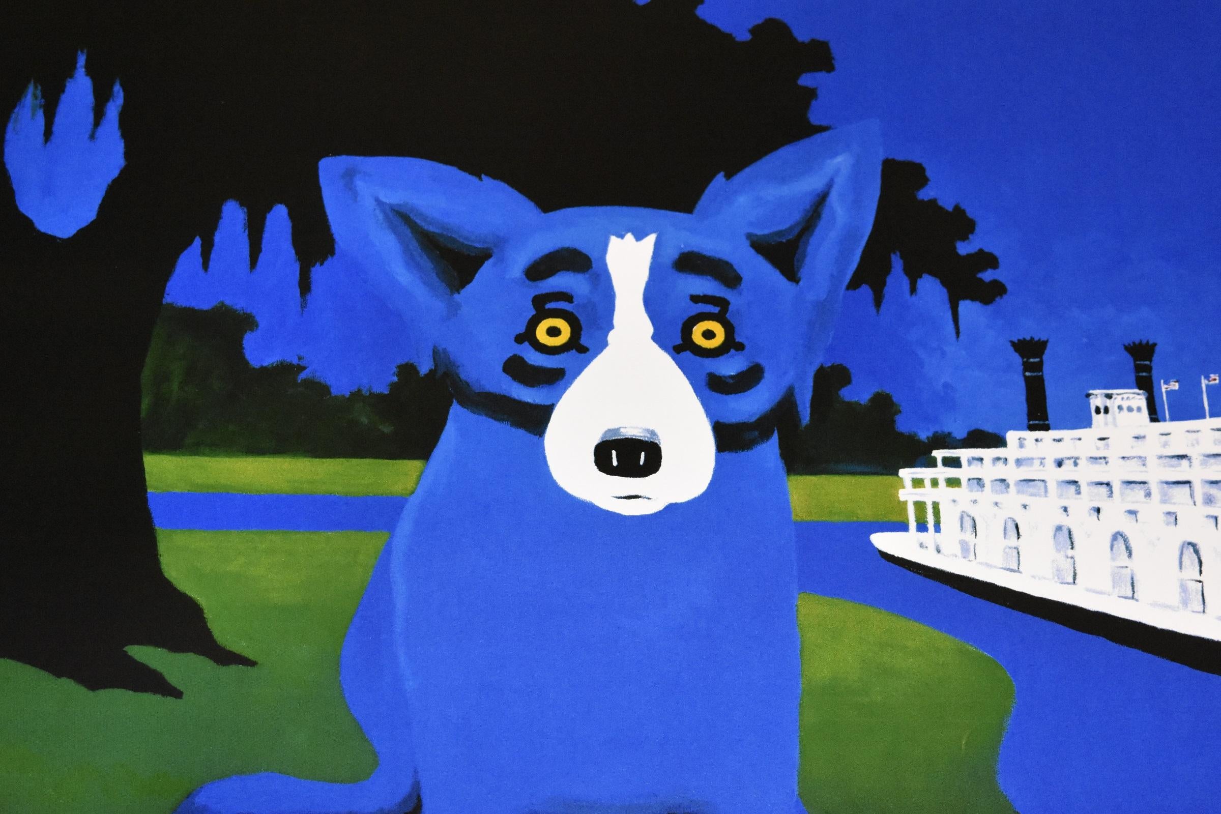 „Rollin“ mit blauem Hund „Rollin“ am Fluss 2004 (Pop-Art), Print, von George Rodrigue