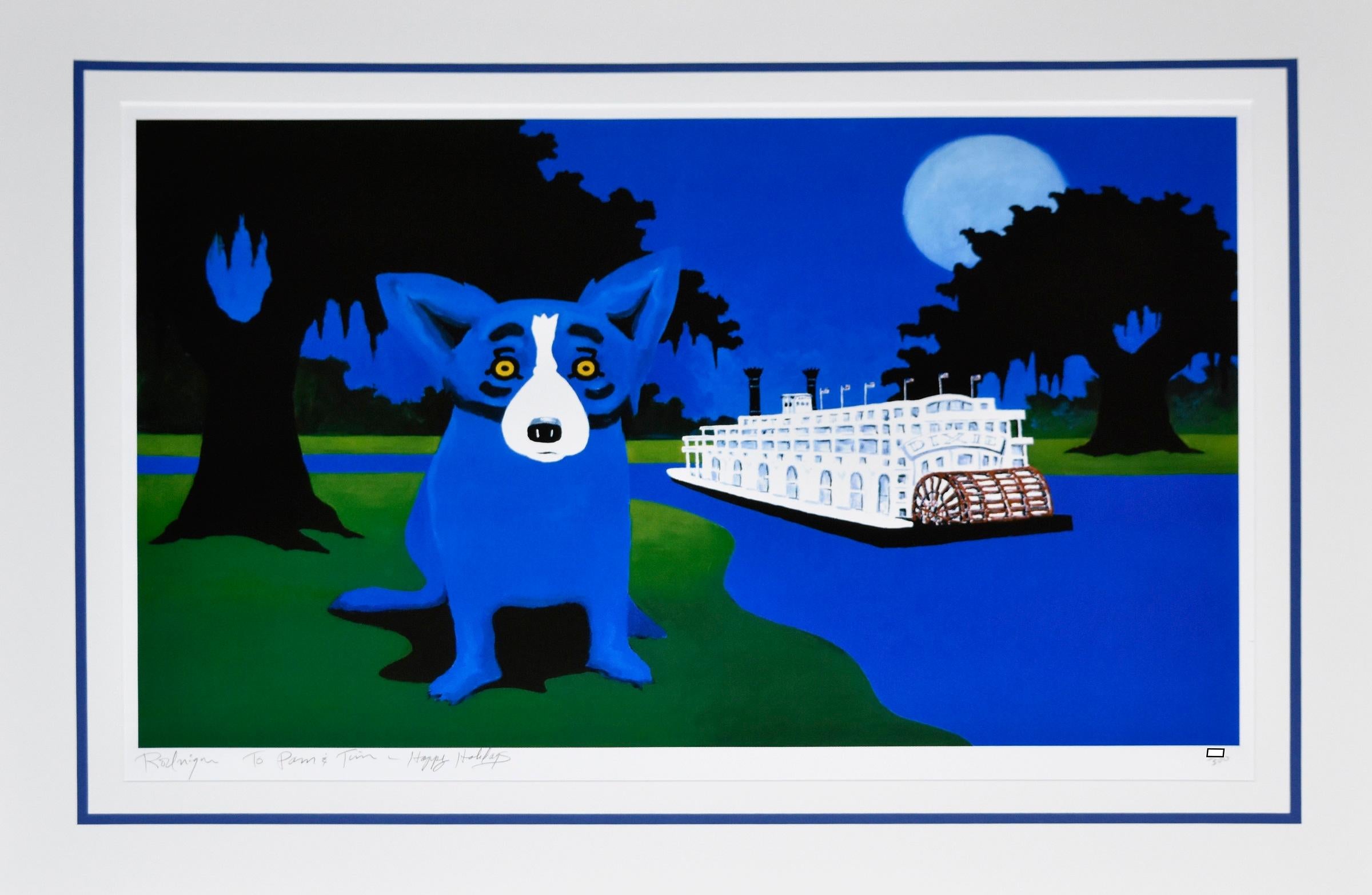 George Rodrigue Animal Print – „Rollin“ mit blauem Hund „Rollin“ am Fluss 2004