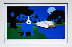 „Rollin“ mit blauem Hund „Rollin“ am Fluss 2004