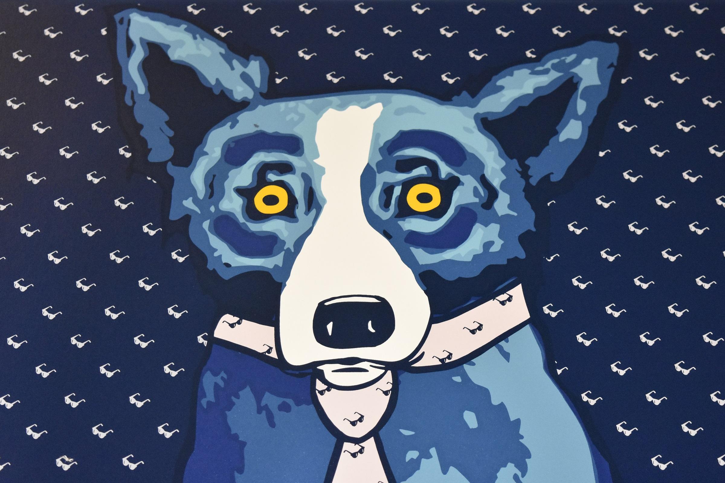 This Blue Dog work consists of 1 blue dog on a dark blue background with painted white eyeglasses donning a white tie with painted blue eyeglasses.  The blue dog's eyes are a soulful yellow.  This pop art animal original silkscreen print on paper is