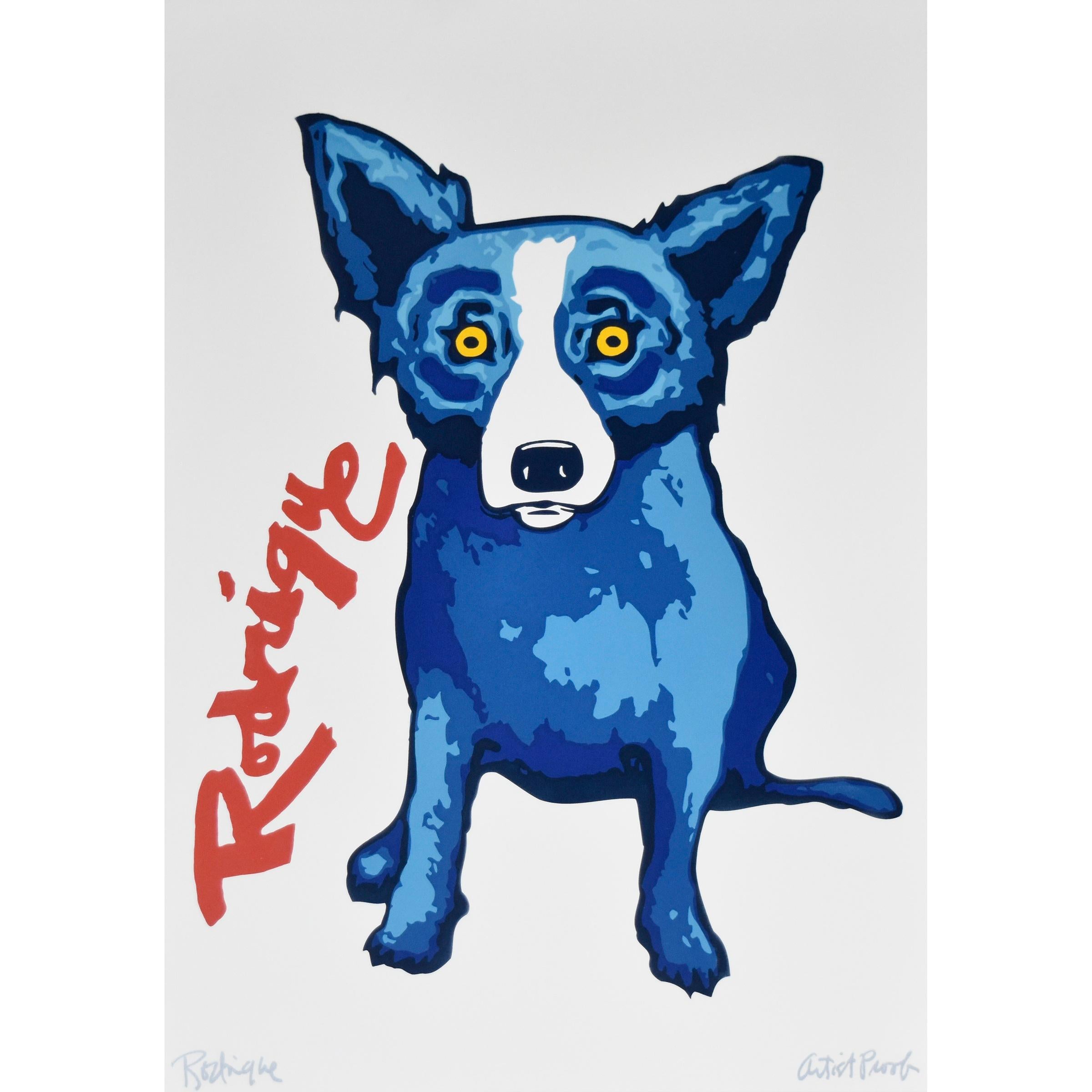 
Questo lavoro Blue Dog consiste in un cane blu seduto al centro su uno sfondo bianco.  Alla destra del cane c'è il nome 