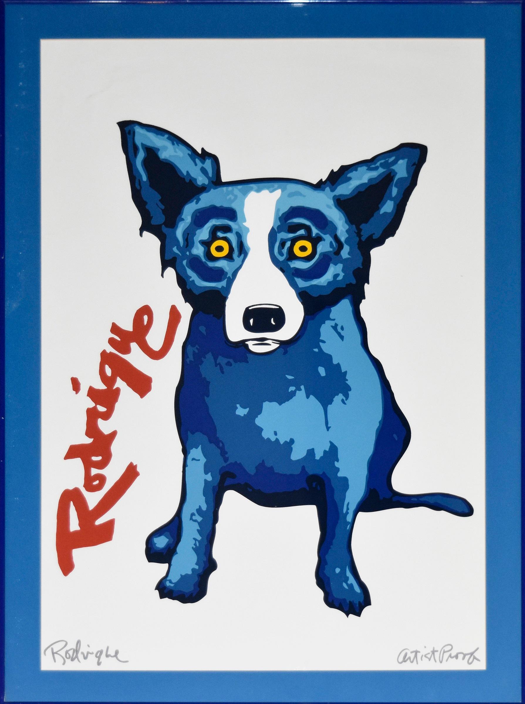 Blauer Hund mit signiertem, nummeriertem Druck „Signature Dog Red“