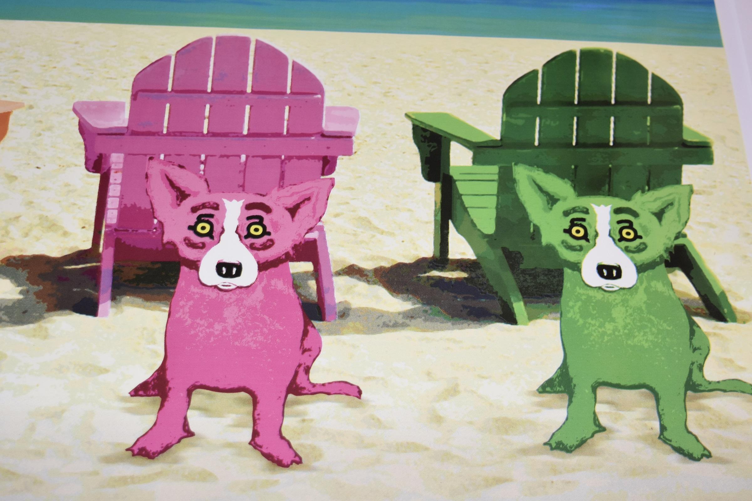 Cette œuvre de Blue Dog se compose de 4 chaises de plage Adirondack, 1 de chaque couleur (vert, rose, orange et bleu) sur une plage en arrière-plan.  La mer et le ciel se trouvent dans la partie supérieure de l'arrière-plan.  Il y a quatre chiens,