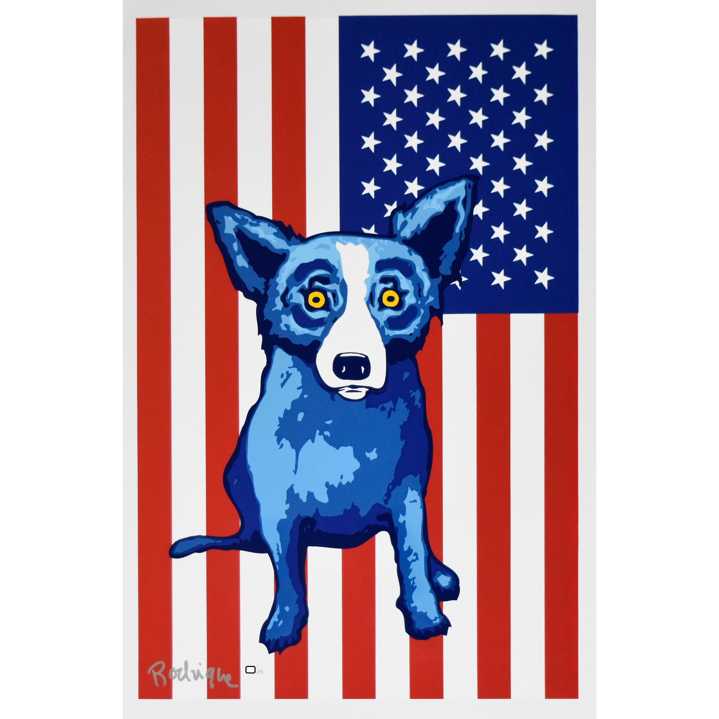 Cette œuvre Blue Dog se compose d'un fond de drapeau américain de 13 bandes rouges et blanches et d'un bloc carré de 50 étoiles.  Impression patriotique. Le chien bleu est assis au milieu de l'image avec des yeux jaunes pleins d'âme. 
Cette