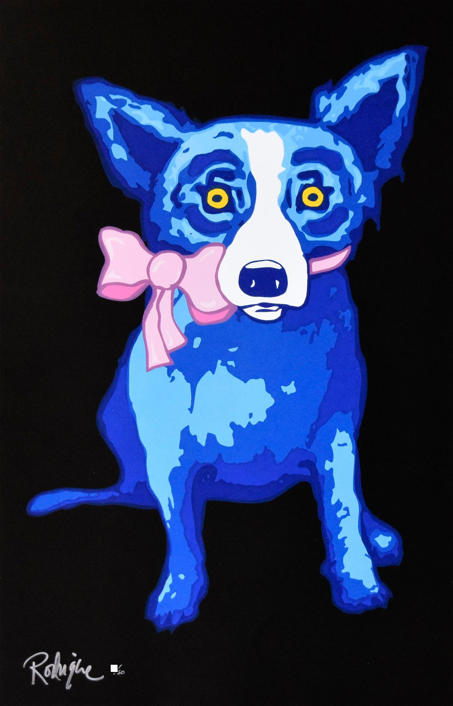 This Blue Dog work consists of a black background.  In the center of the background is a single blue dog wearing a soft pink ribbon tied into a bow around its neck.   The dog has soulful yellow eyes.  This pop art animal original silkscreen print on