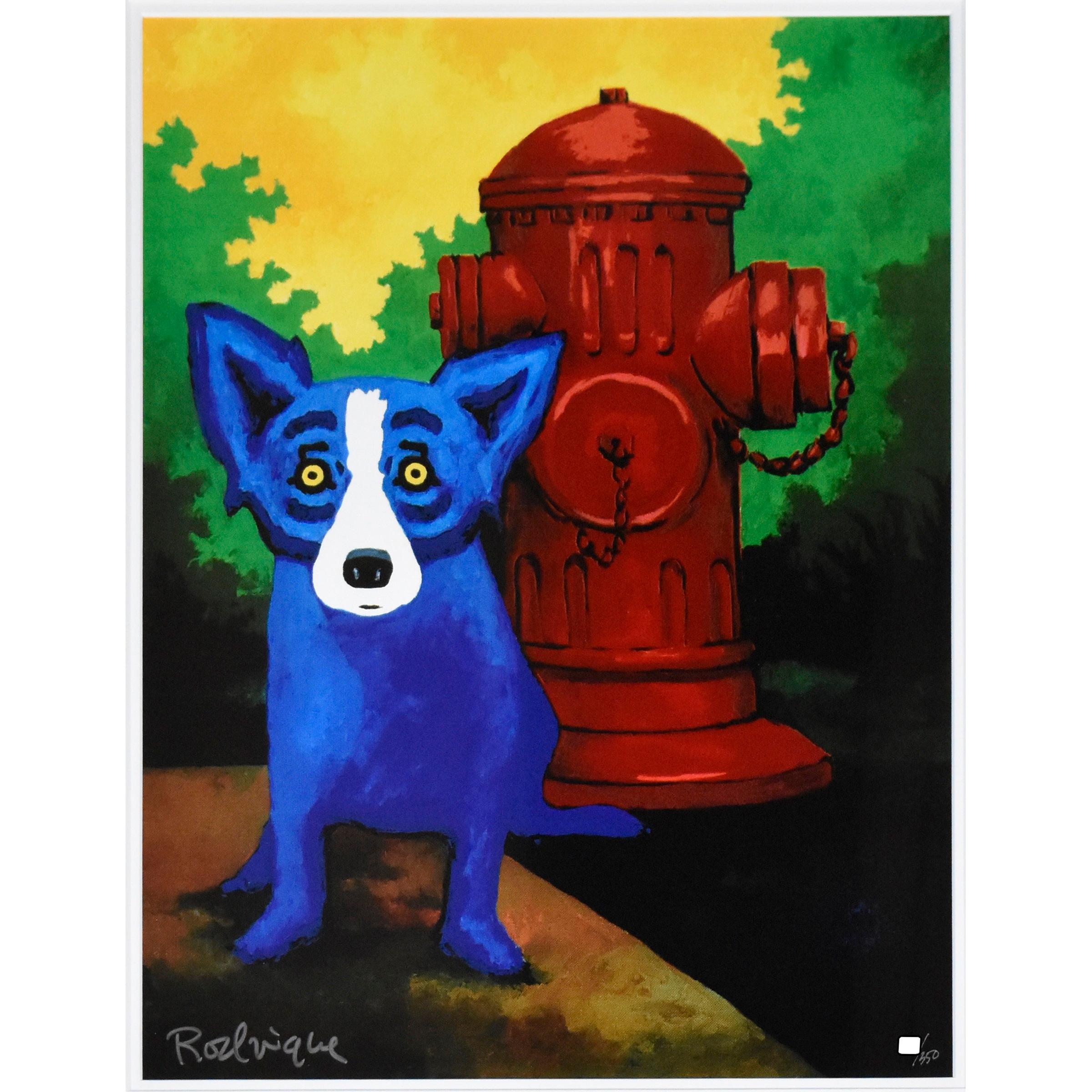 George Rodrigue Animal Print - Takin' Care Of Business - Blue Dog Signed Screenprint
