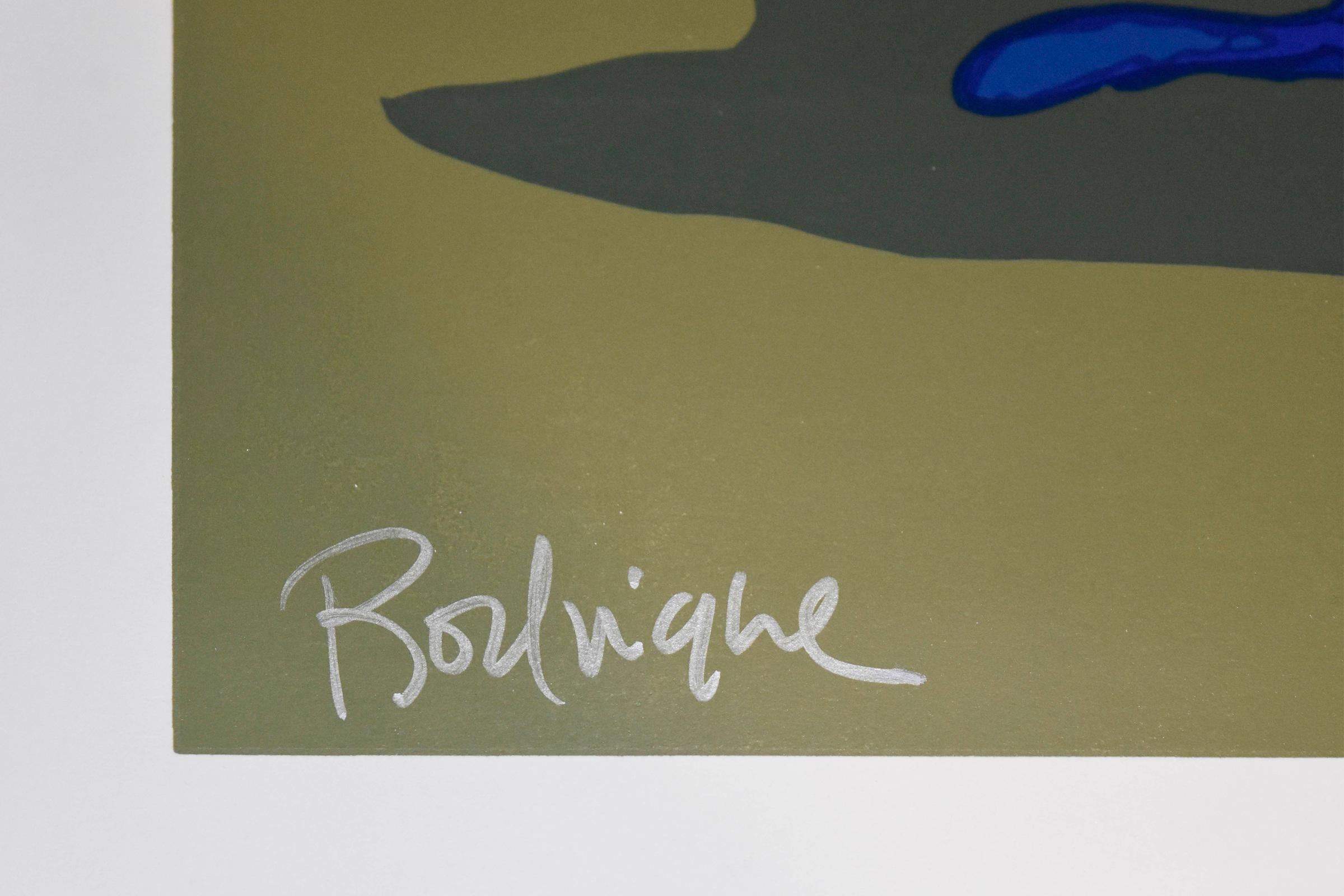 Cette œuvre représente un chien bleu assis à droite d'une vieille cabane en bois avec un porche. Deux arbres noirs et un sentier s'éloignent de la maison. Le chien a des yeux jaunes pleins d'âme. Cette sérigraphie originale pop art animalière sur