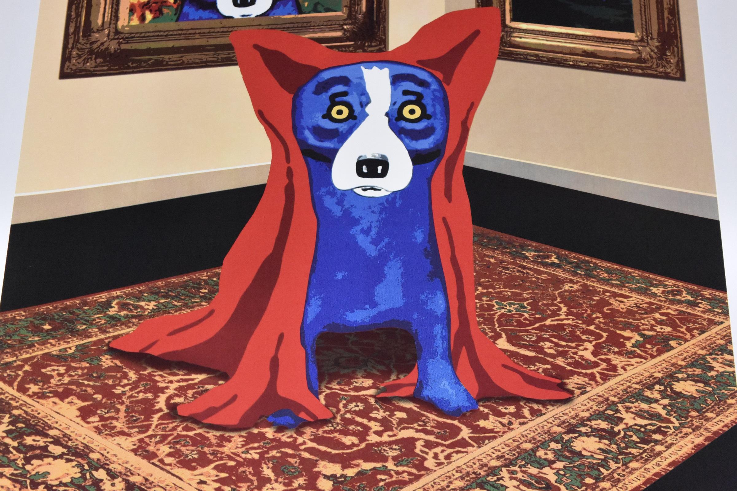 This Blue Dog work consists of a blue dog wearing a red blanket over himself sitting on a multi-colored carpet in a room with two Blue Dog portraits hanging on a beige wall. This print was made for the opening of his new New Orleans Gallery. All the