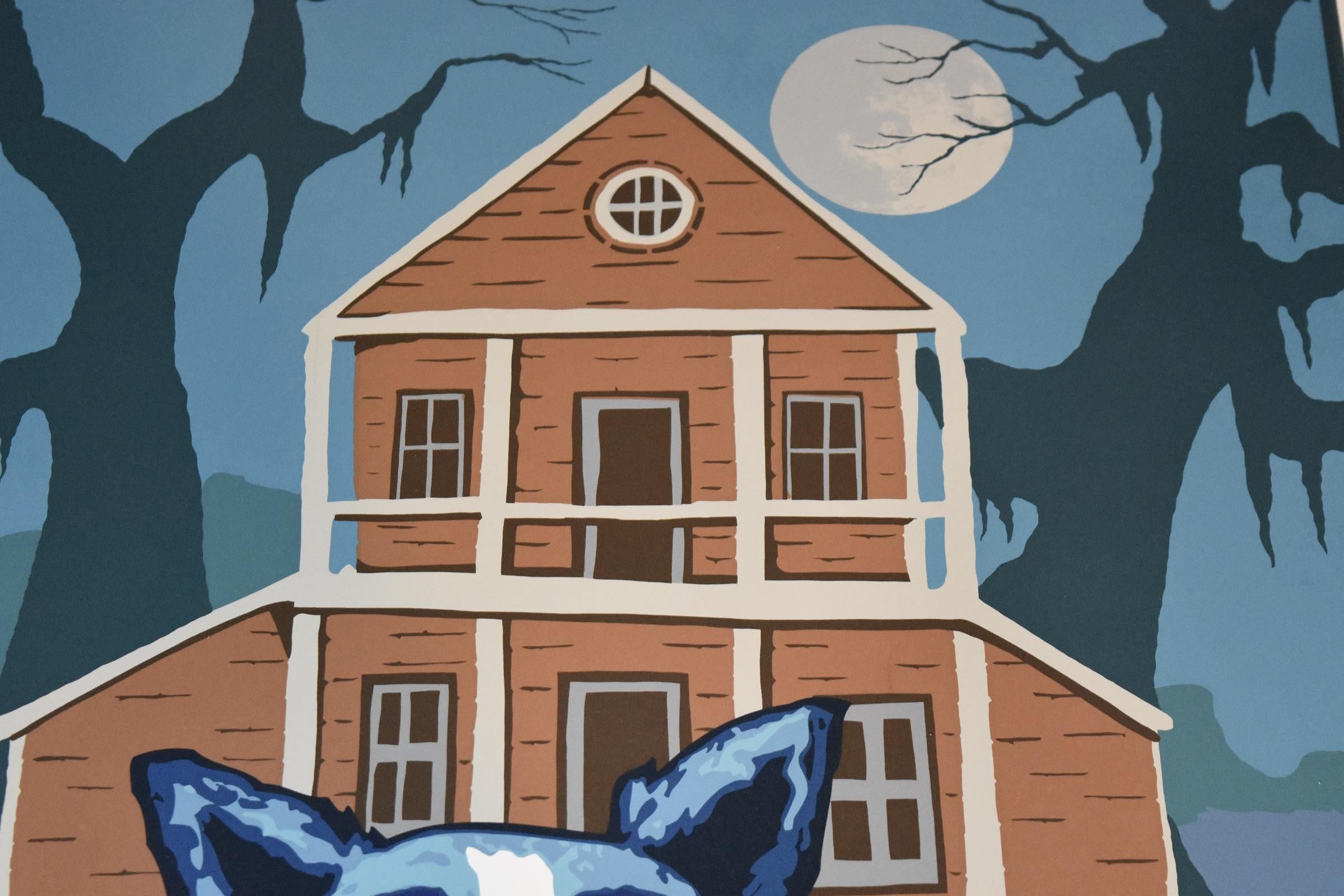 This Blue Dog work consists of a blue dog on a multi-shade blue background sitting on a concrete slab tile with a brown and white 2-story house surrounded by trees and a moon overhead. The dog has soulful yellow eyes. This pop art animal original