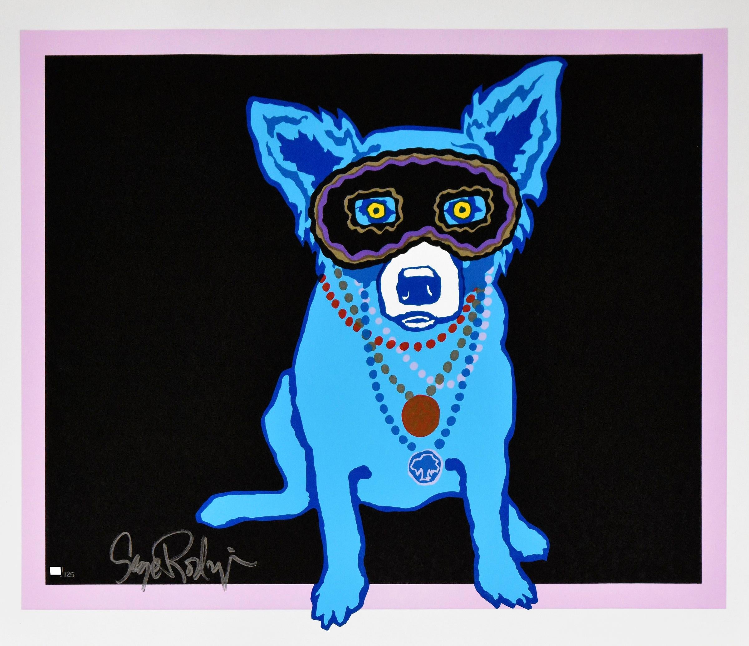 This Blue Dog work consists of a black background with a thick pink border.  In the center is a single blue dog wearing 4 chains of various colors and medallions and a black with purple trim eye mask ready to celebrate MARDI GRAS 