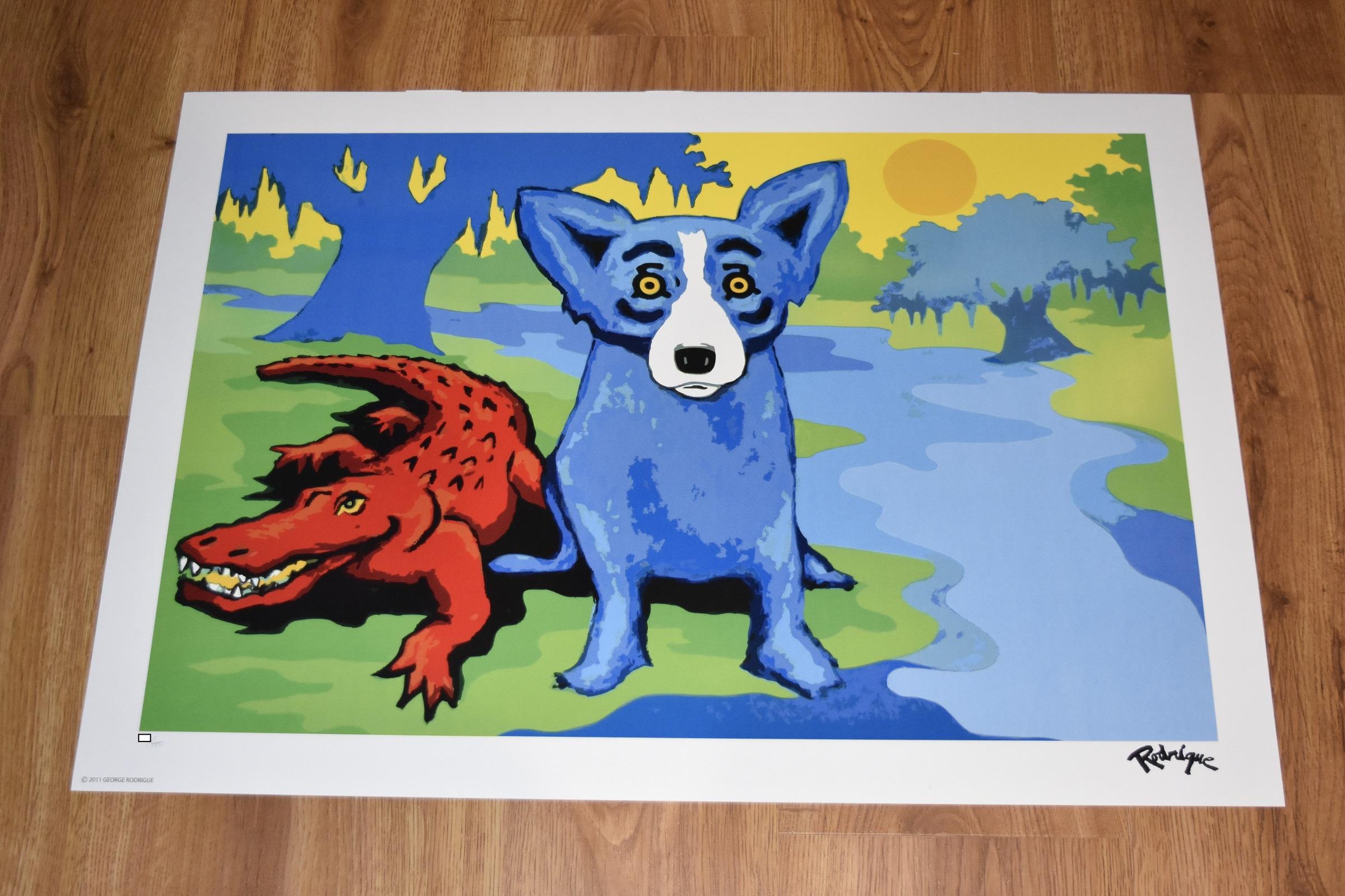 „Blaue Hunde und Kajuns am Fluss“ – Print von George Rodrigue