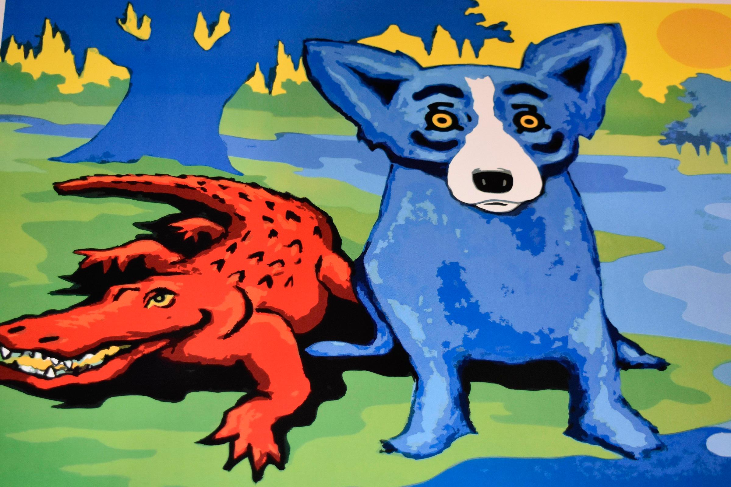 „Blaue Hunde und Kajuns am Fluss“ (Pop-Art), Print, von George Rodrigue