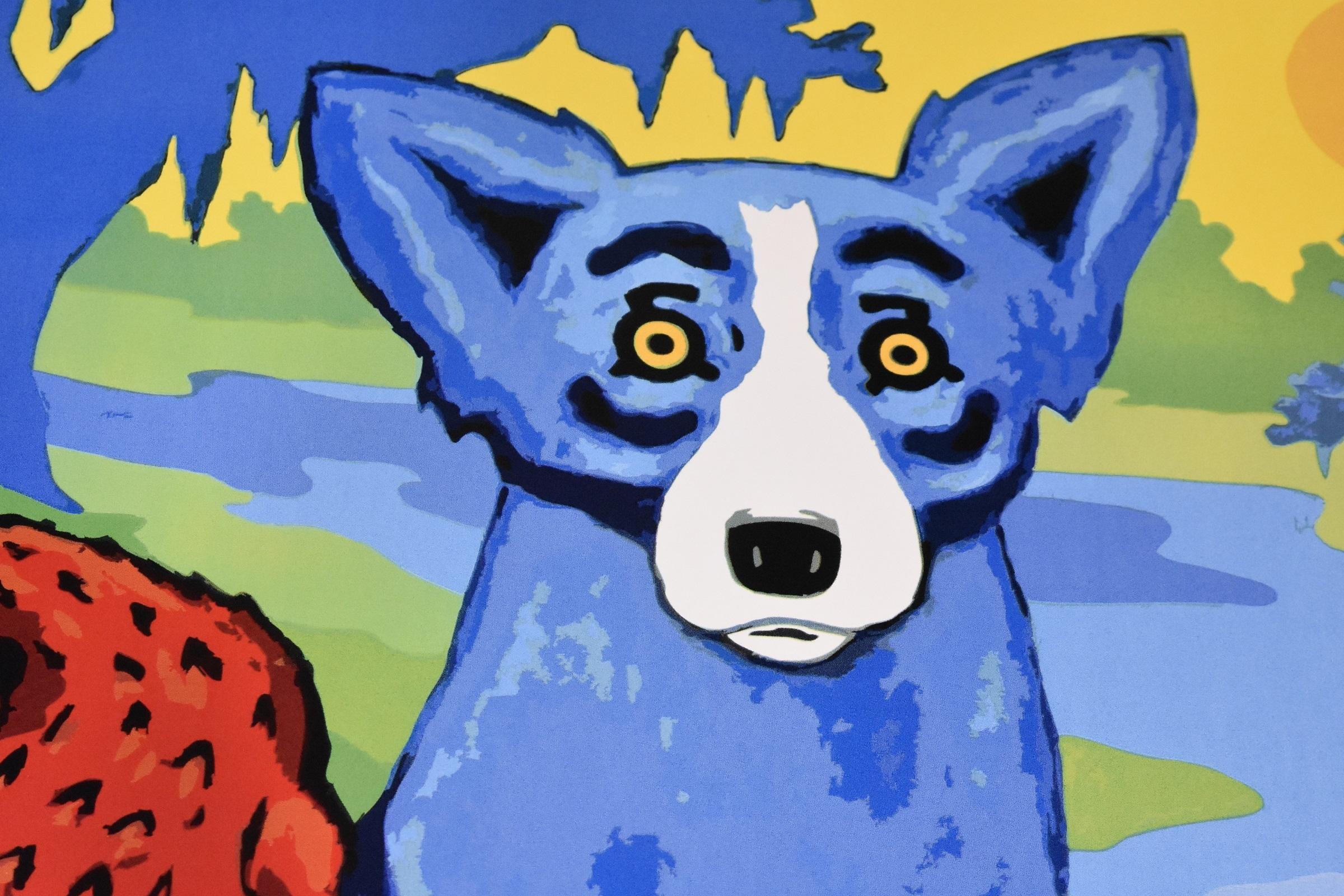 Dieses Werk von Blue Dog besteht aus einem malerischen Hintergrund mit gelbem Himmel und Sonne, grünem Gras und blauem Wasser.  Ebenfalls zu sehen sind ein roter Alligator, auch Cajun genannt, und ein einzelner blauer Hund. Beide Tiere haben