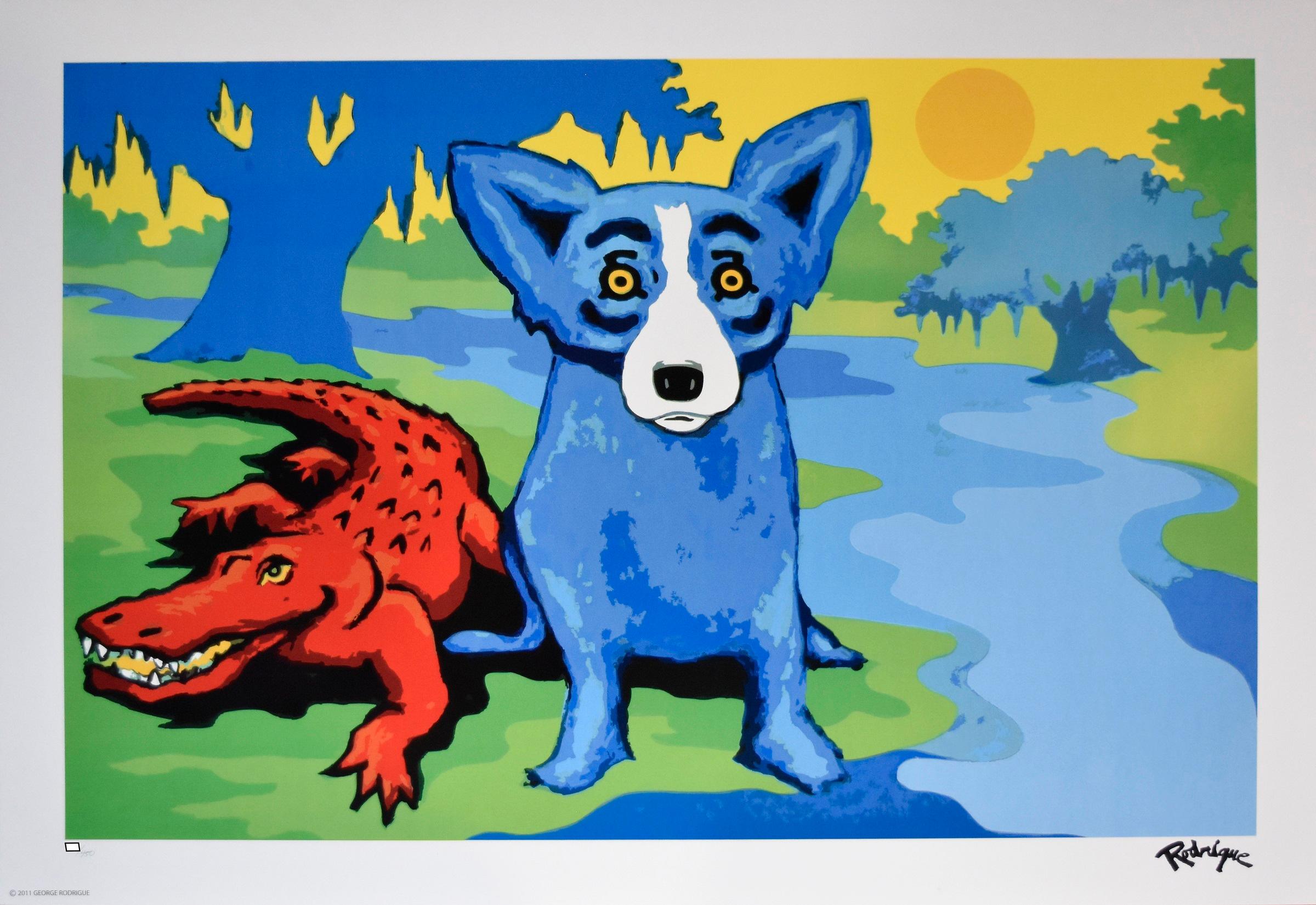 This Blue Dog work consists of a scenic background of yellow sky and sun, green grass and blue water.  Also in scene is a red gator, aka Cajun and a single blue dog. Both animals have soulful yellow eyes.  This pop art animal original silkscreen