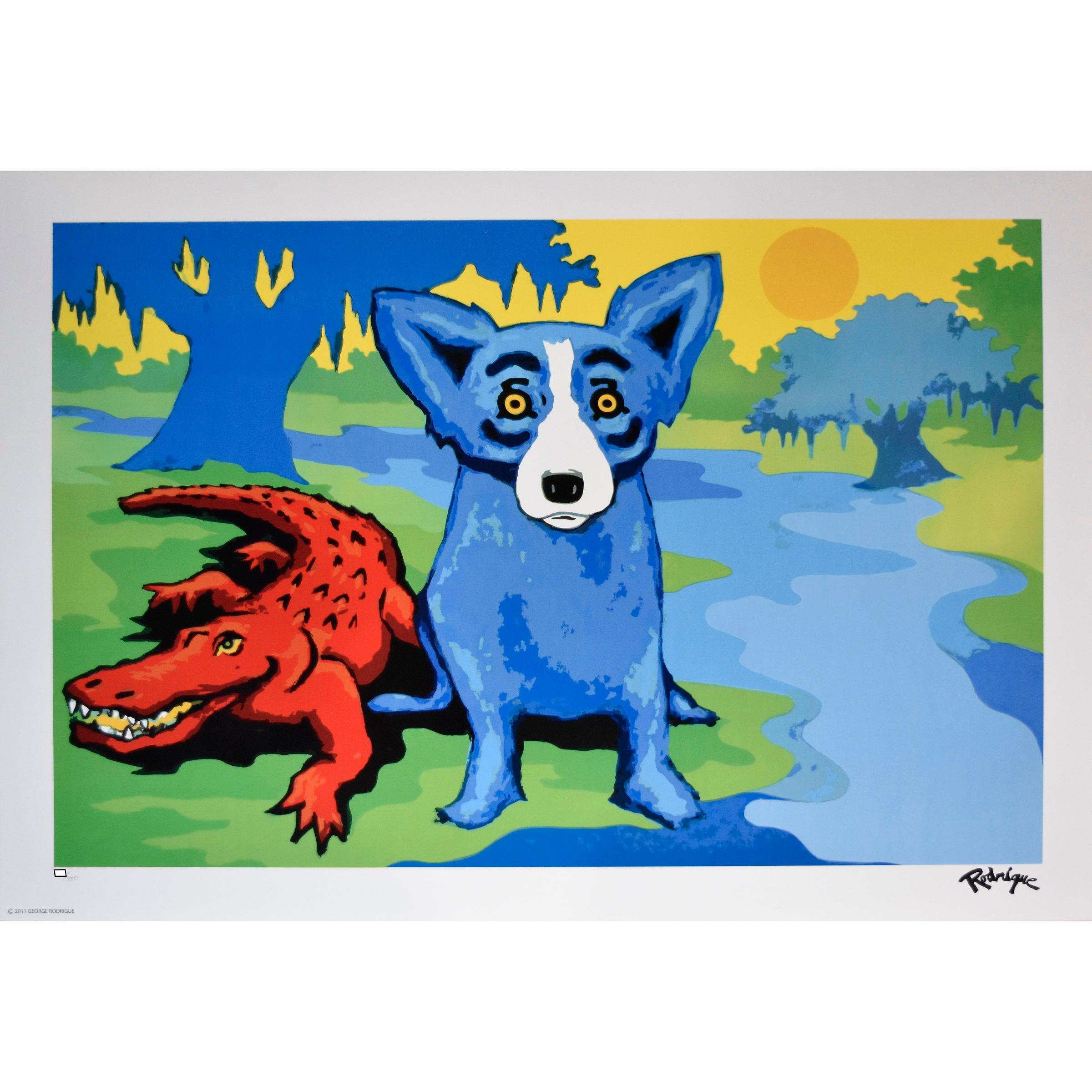 George Rodrigue Animal Print - "Blue Dogs and Cajuns on the River"