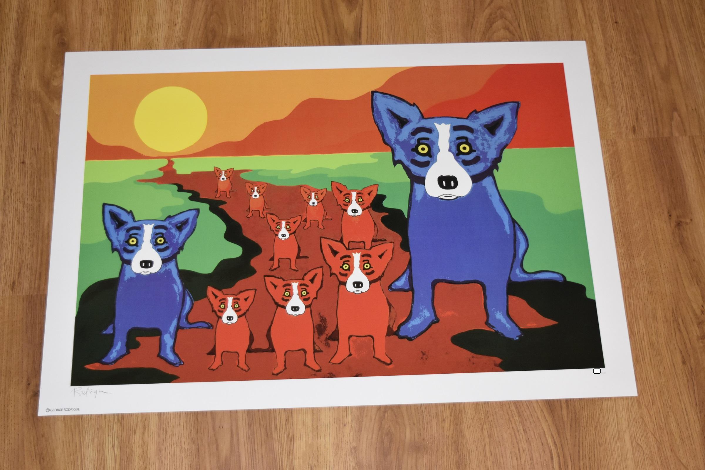 Blue Dogs on the Red River - Signed Silkscreen Print - Beige Animal Print by George Rodrigue