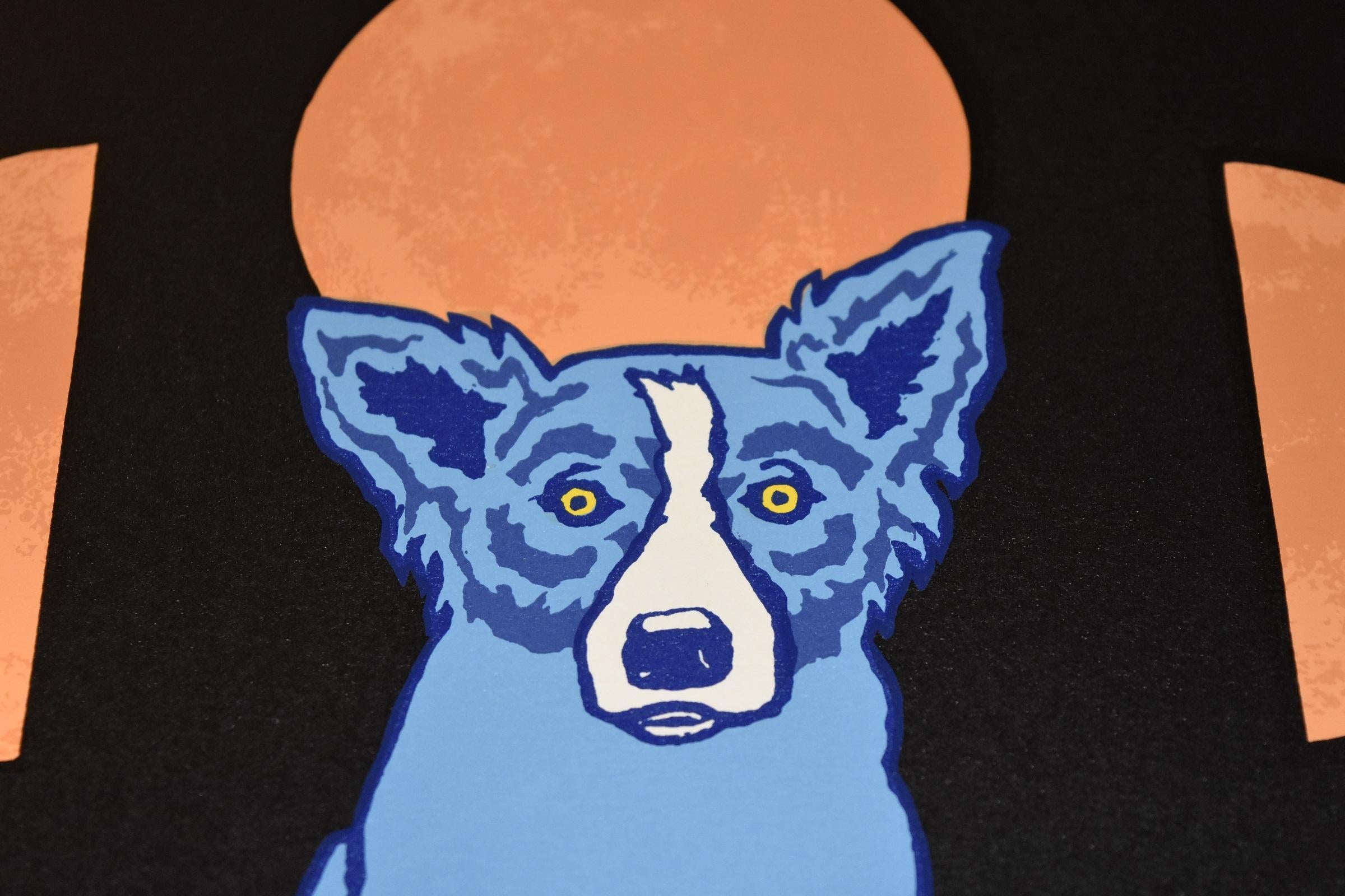 This Blue Dog work consists of a black background with the phases of the moon above a single blue dog sitting in the center.  The dog has soulful yellow eyes.  This pop art animal original silkscreen print on paper is guaranteed authentic and is