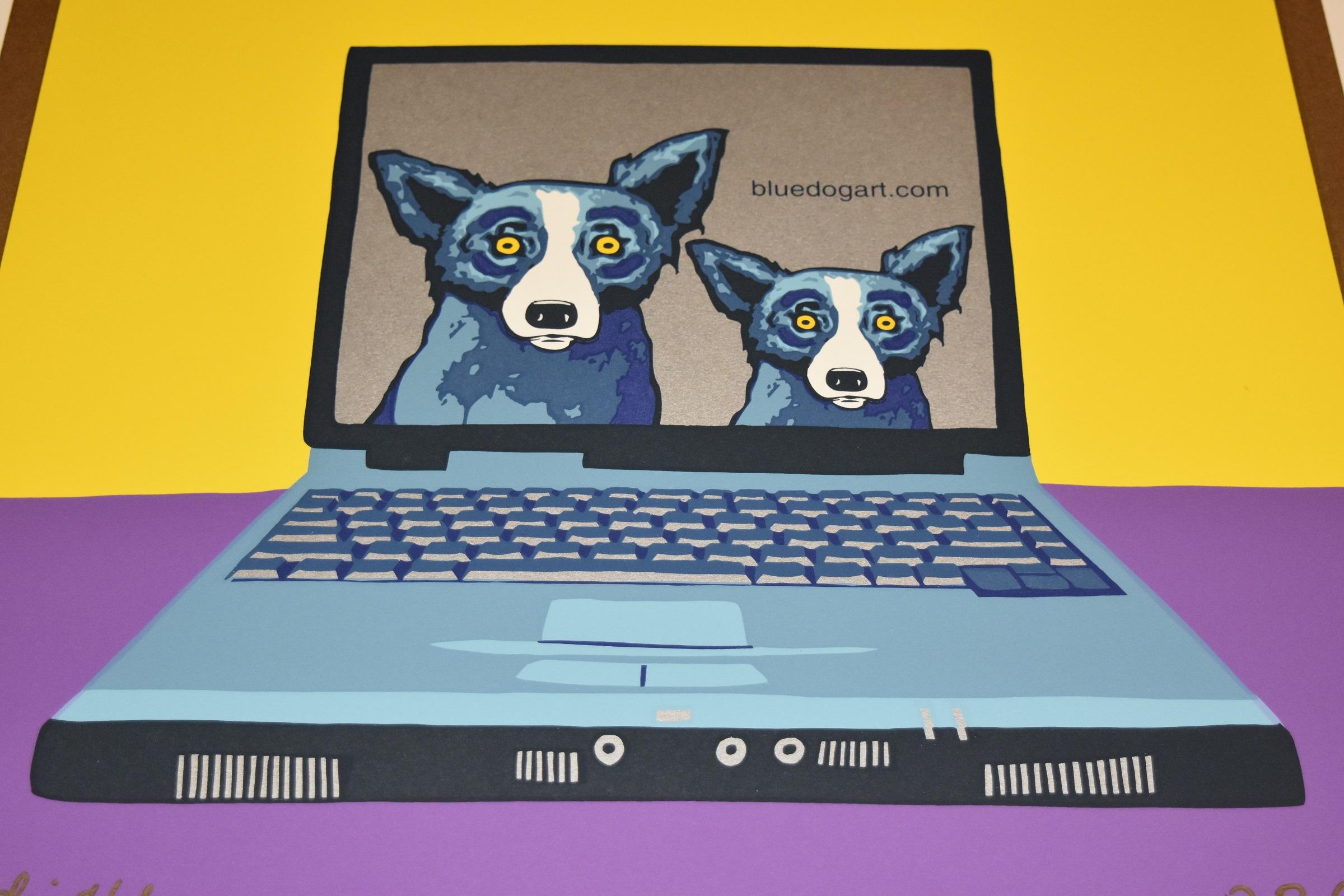 This Blue Dog work consists of a purple and yellow split background with a light blue open laptop and 2 dogs on the screen with the website name.  Both dogs have soulful yellow eyes.  This pop art animal original silkscreen print on paper is