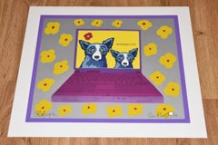 Bluedogart com Yellow Flowers - Signed Silkscreen Print Blue Dog