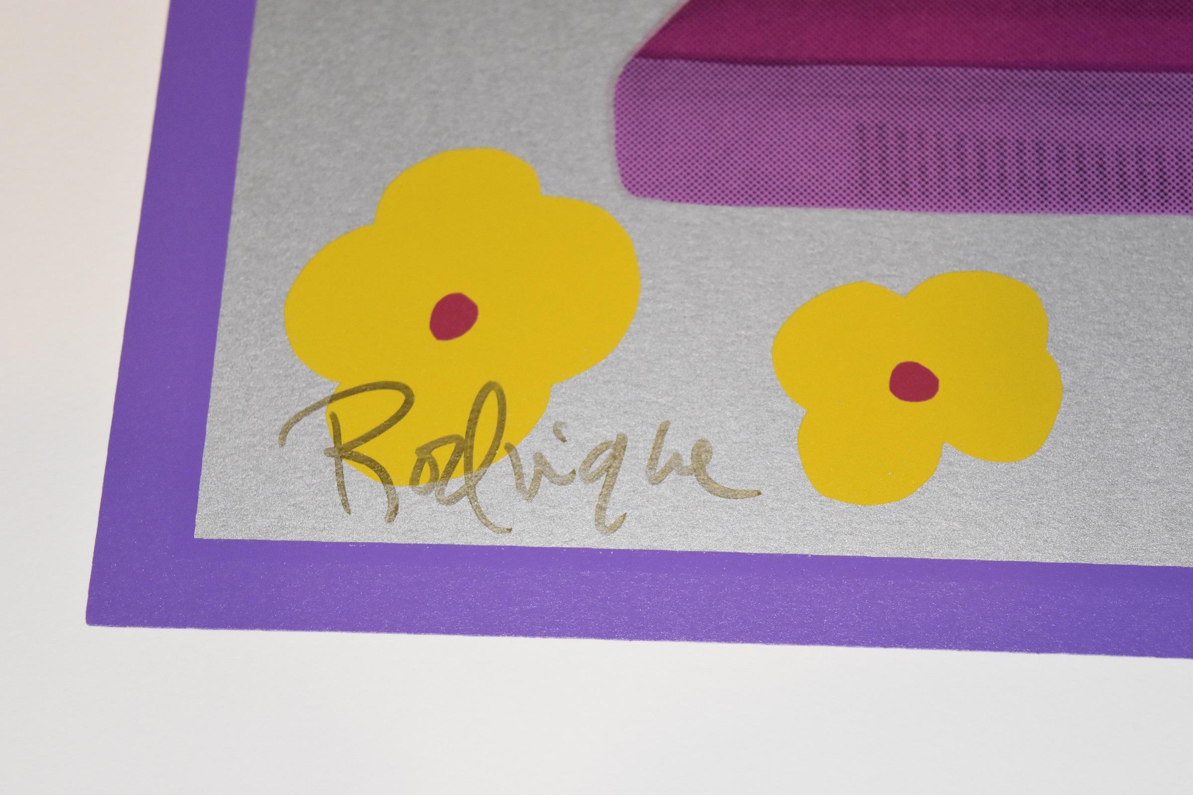 Bluedogart com Yellow Flowers - Signed Silkscreen Print Blue Dog - Beige Animal Print by George Rodrigue