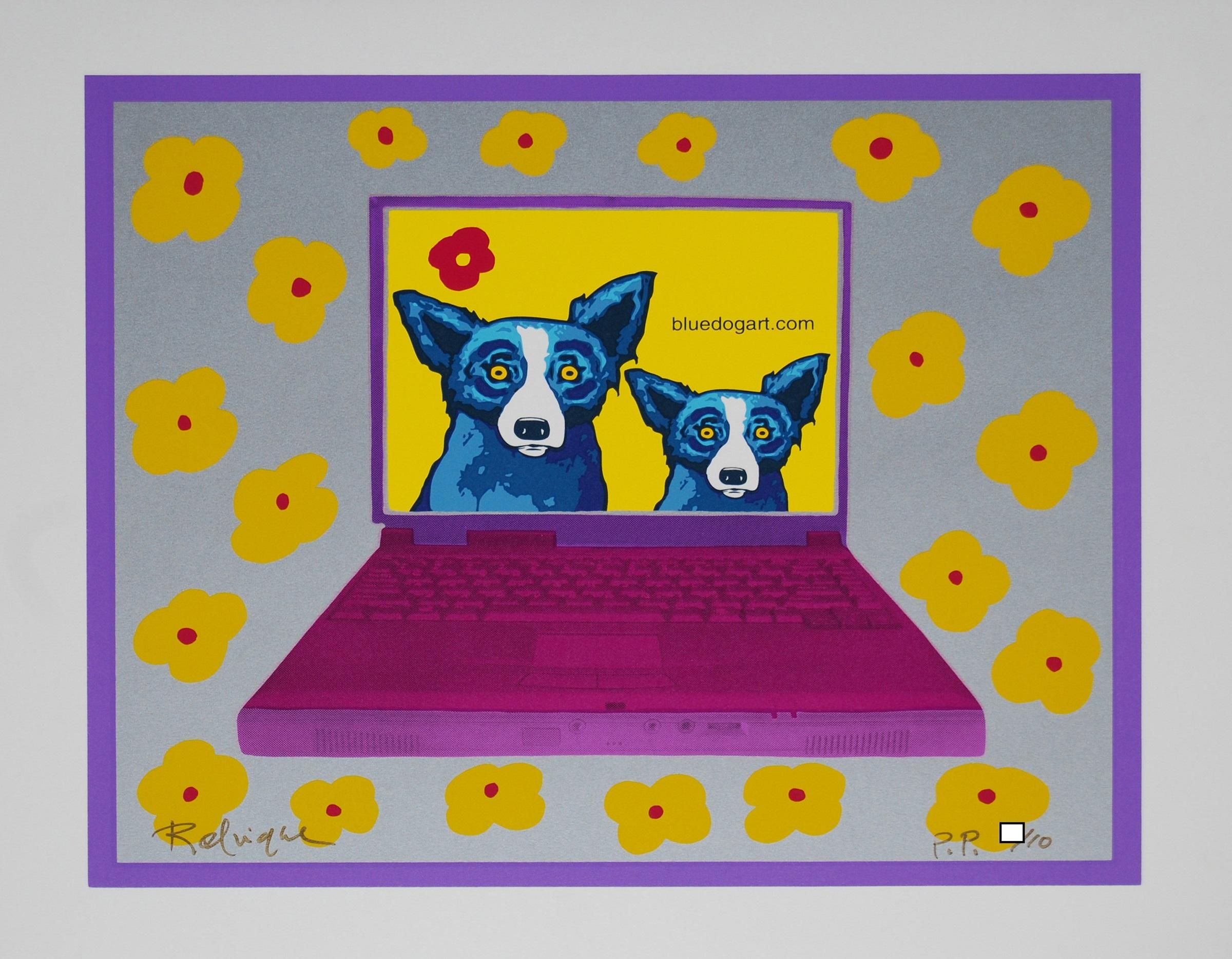 George Rodrigue Animal Print - Bluedogart com Yellow Flowers - Signed Silkscreen Print Blue Dog