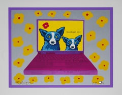 Bluedogart com Gelbe Blumen – signierter Siebdruck mit blauem Hund mit Siebdruck