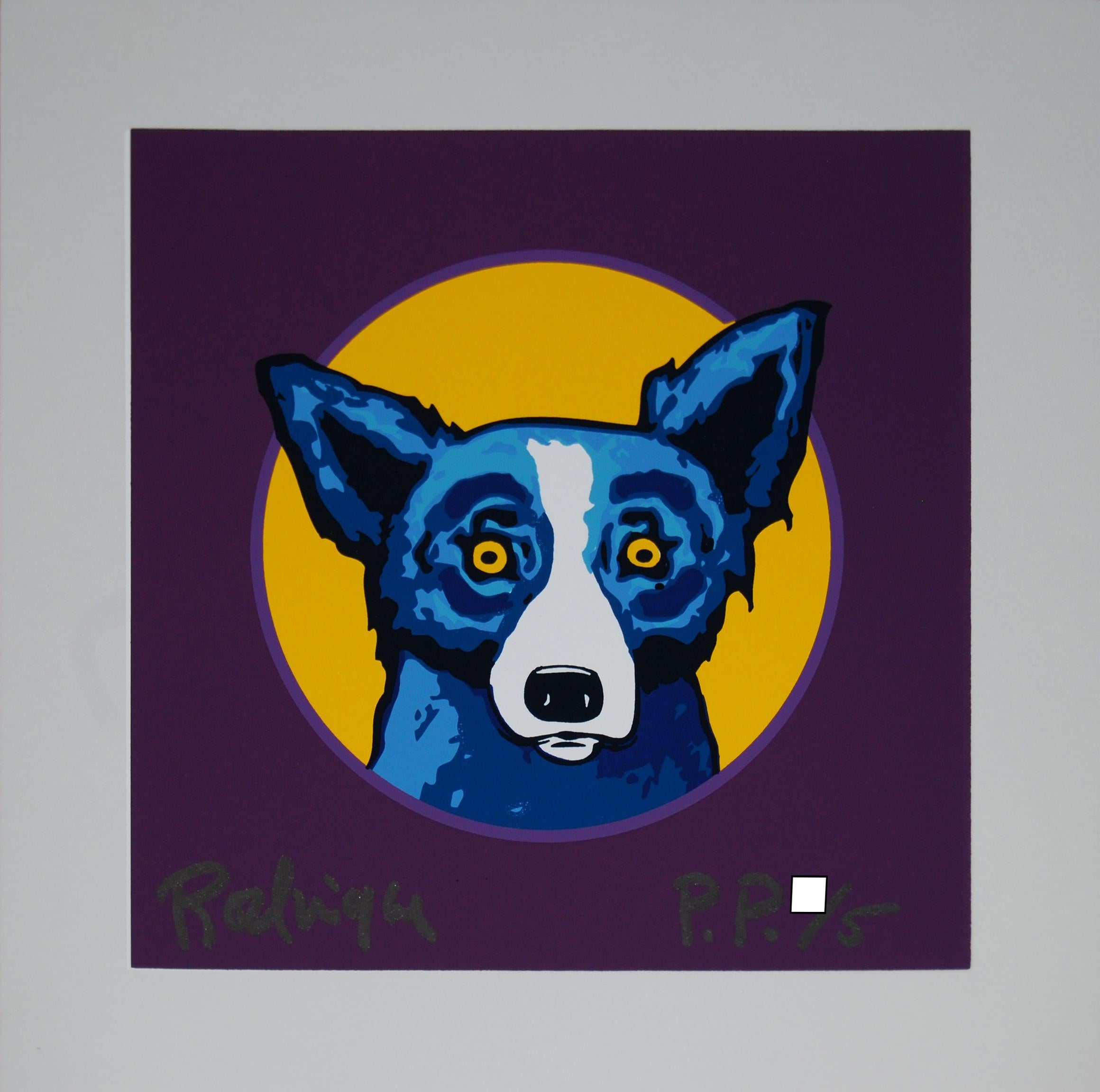 Animal Print George Rodrigue - Bullseye Purple - Sérigraphie en soie imprimée de chien bleu signée